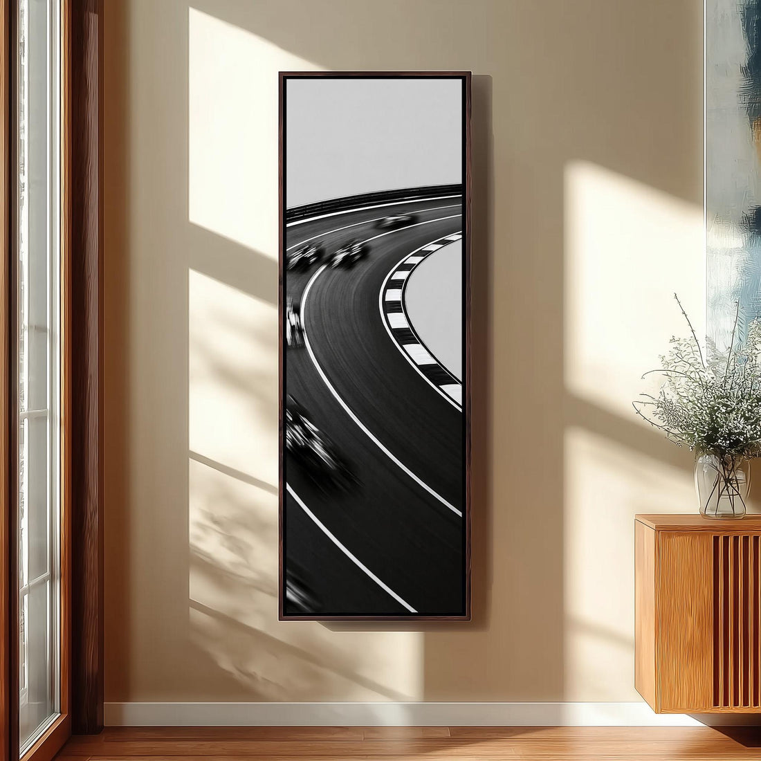 Race cars on a curved track with checkered edge long vertical canvas print in a sunlit living space
