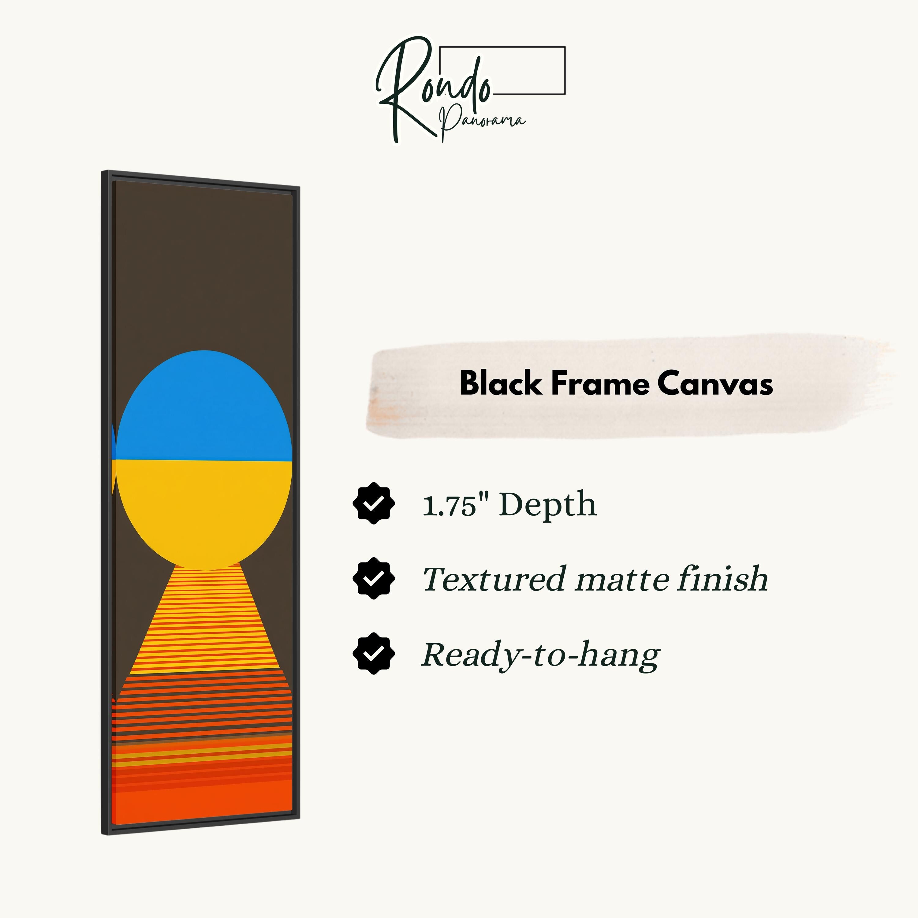 The image is a black frame canvas with a geometric design featuring a blue circle and a yellow circle. The canvas has a 1.75" depth, is textured with a matte finish, and is ready to hang.