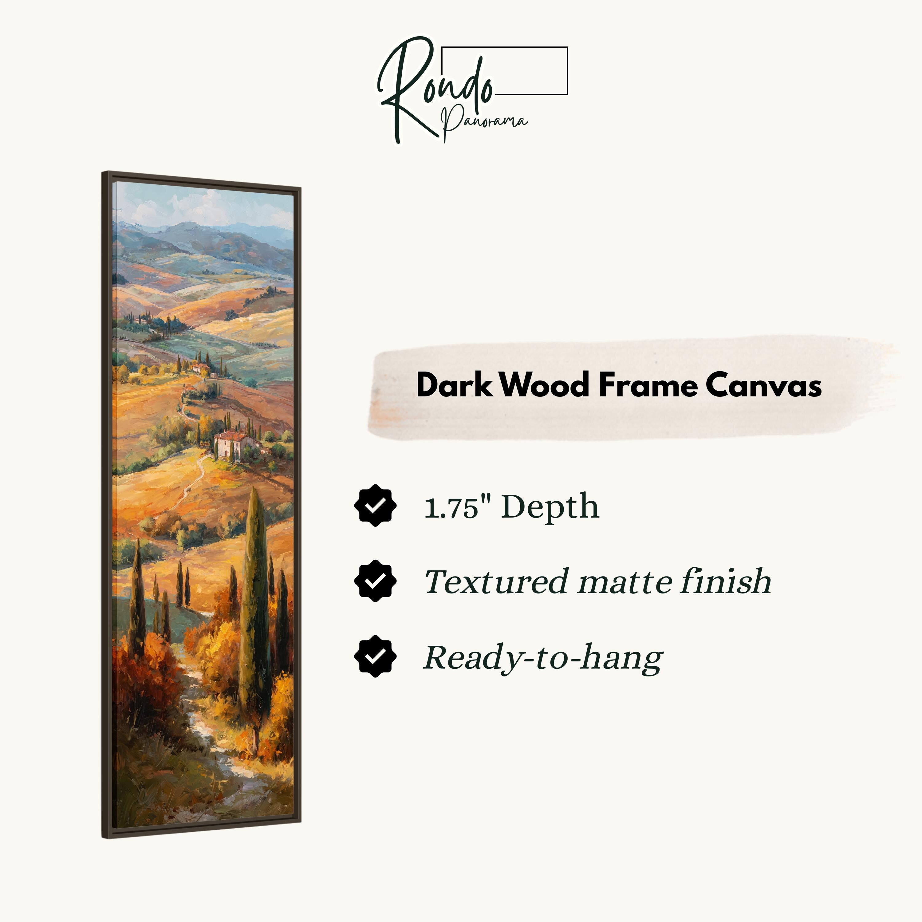The image is a rectangular dark wood frame canvas depicting a scenic countryside landscape with rolling hills, trees, and a winding path.