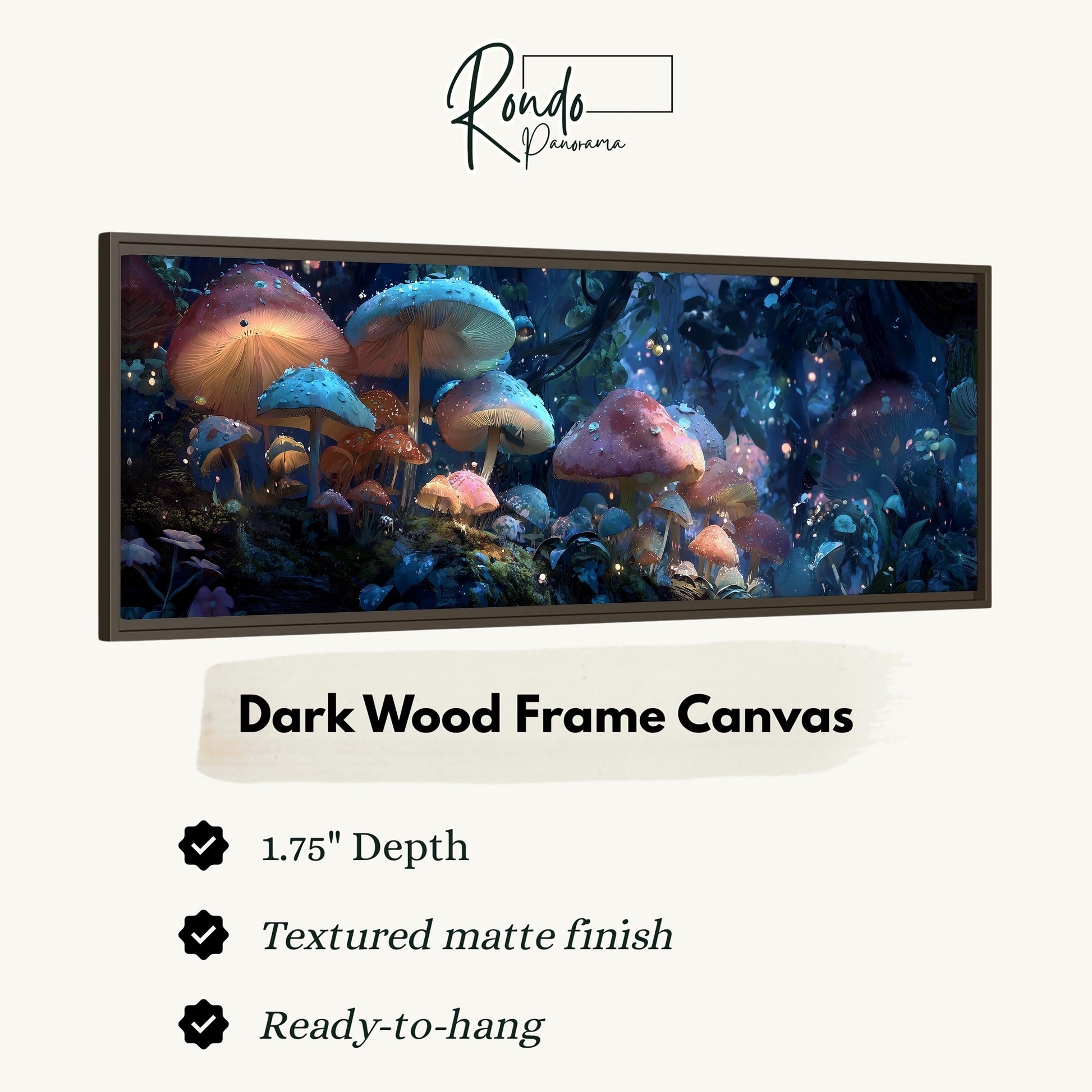 The image is a framed canvas depicting a whimsical scene of mushrooms in a dark, mysterious forest.