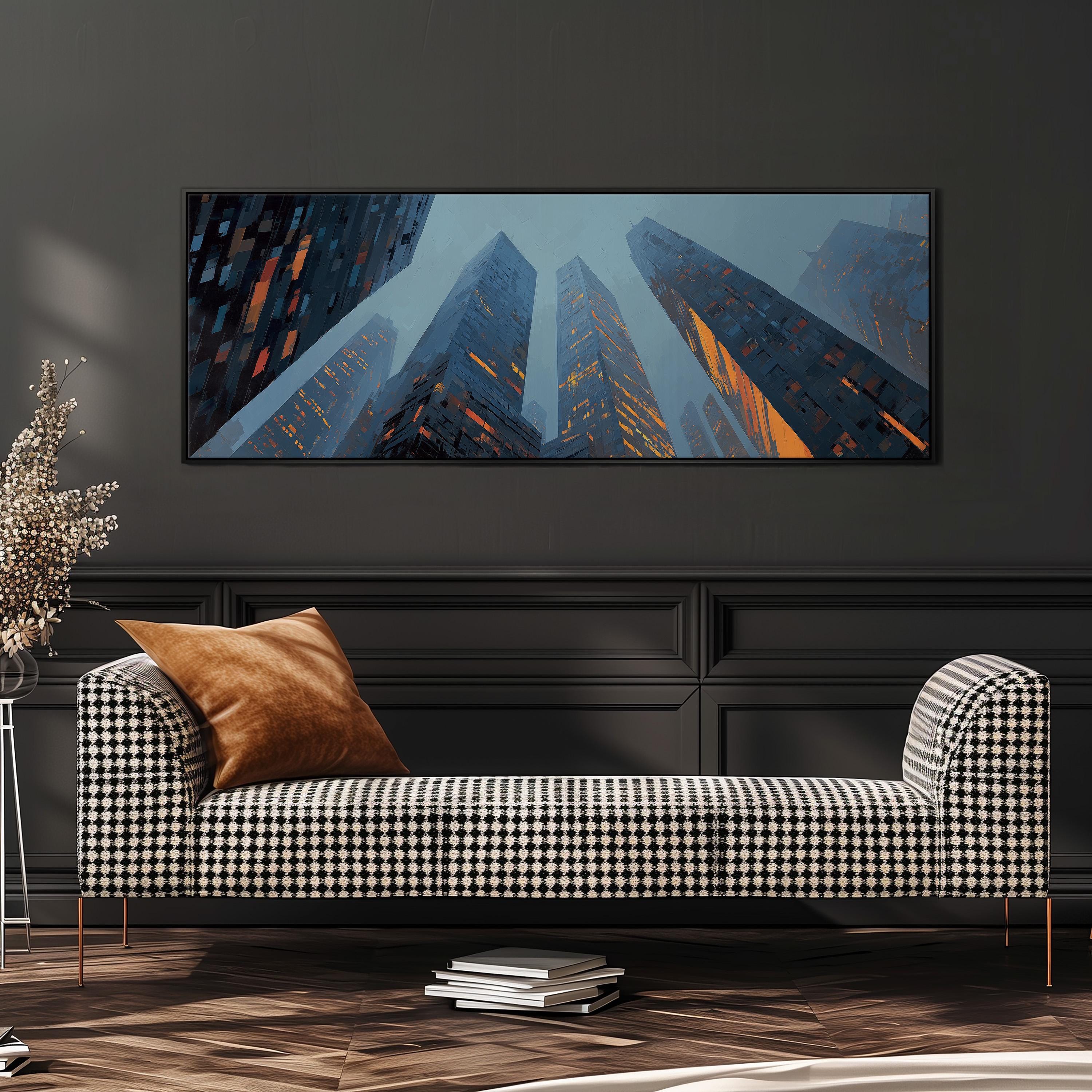 a modern living room with a black and white checkered sofa, a stack of books, and a large framed artwork depicting a cityscape with tall buildings.