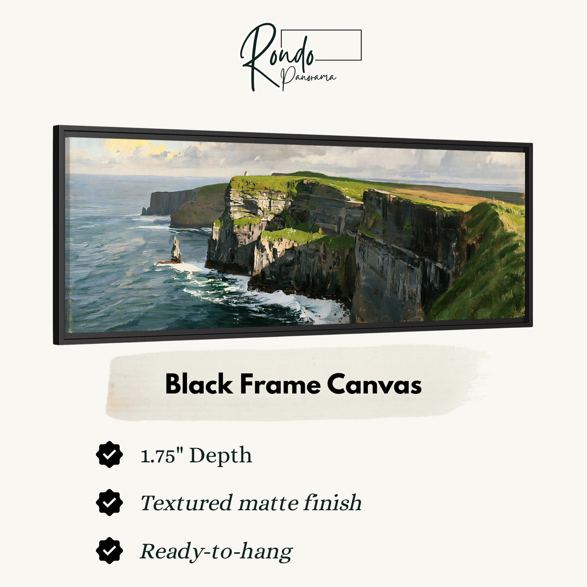 Sunlit sea cliffs with a sea stack canvas print in a black floating frame