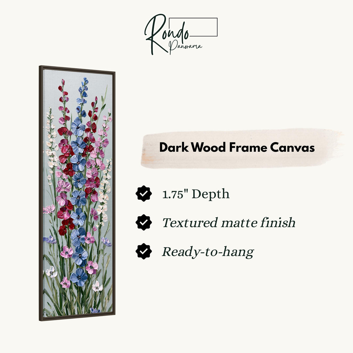 Tall delphinium flower stalks canvas print in a dark wood floating frame