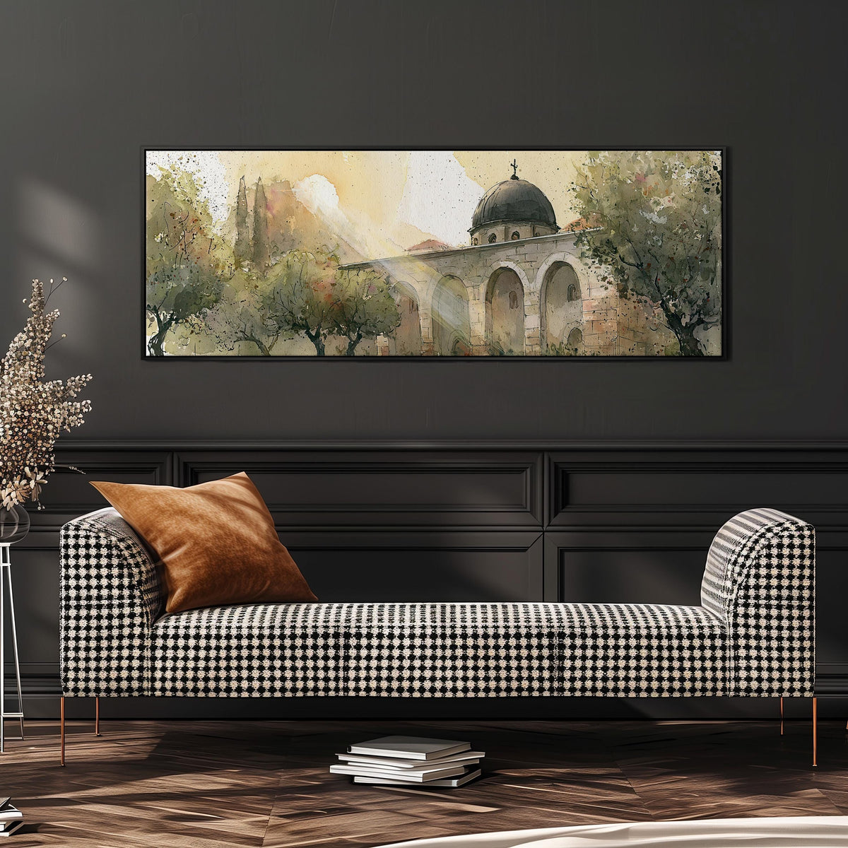 Domed mosque courtyard in watercolor wide panoramic canvas print above a bench in a dark living room