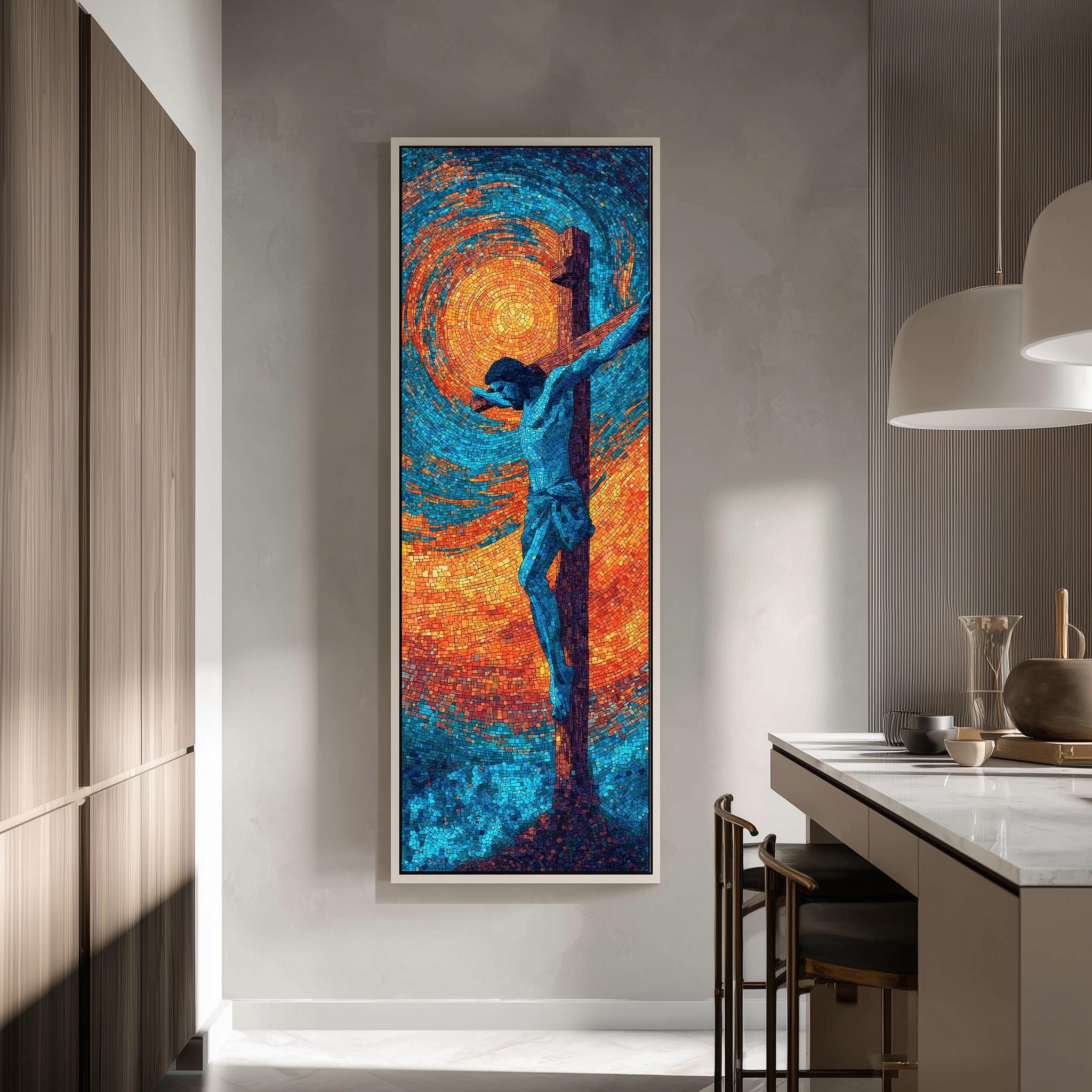 a large, colorful painting of a figure on a cross, hanging on a wall in a modern, minimalist kitchen setting.