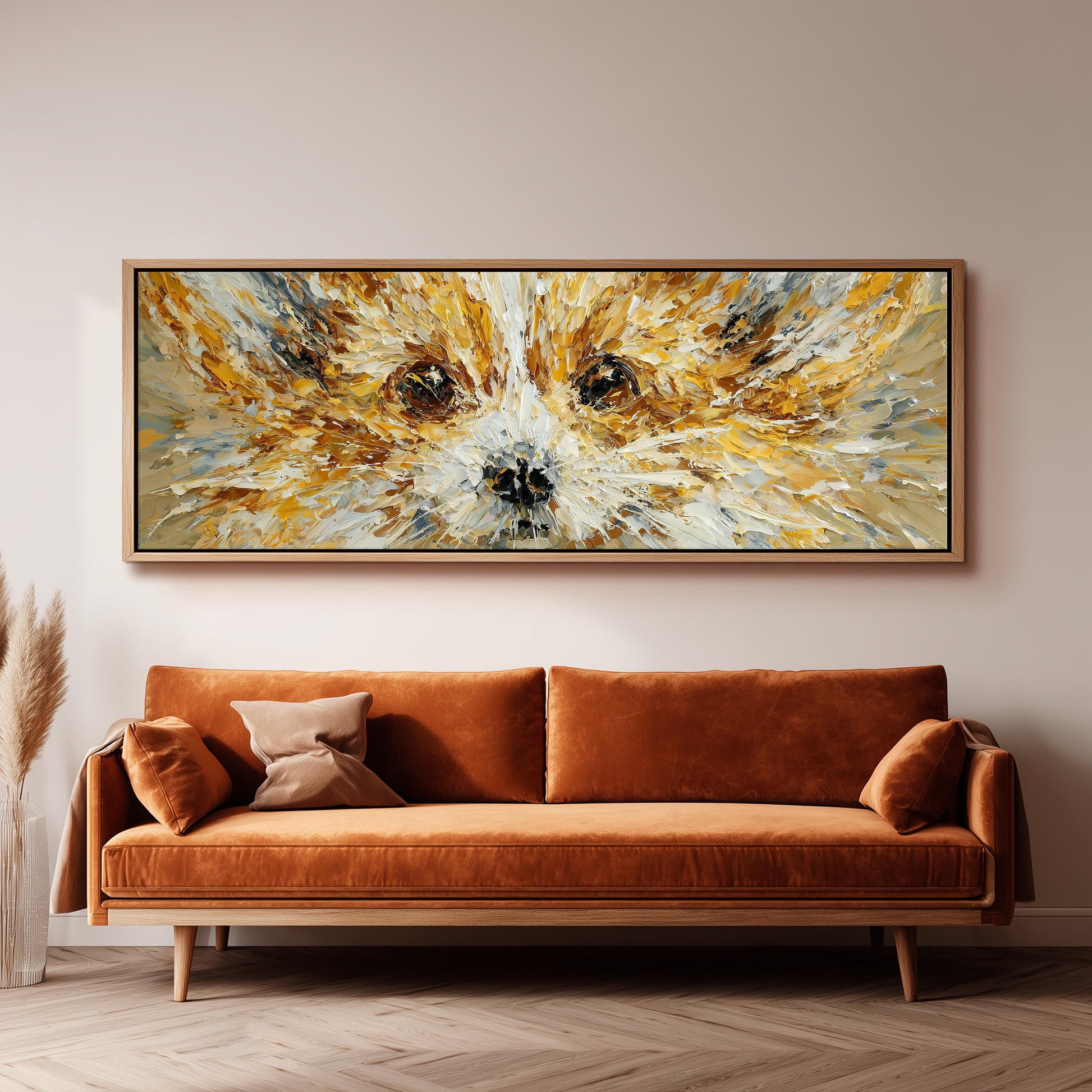 a large, vibrant painting of a dog's face hanging on a wall above a brown sofa.