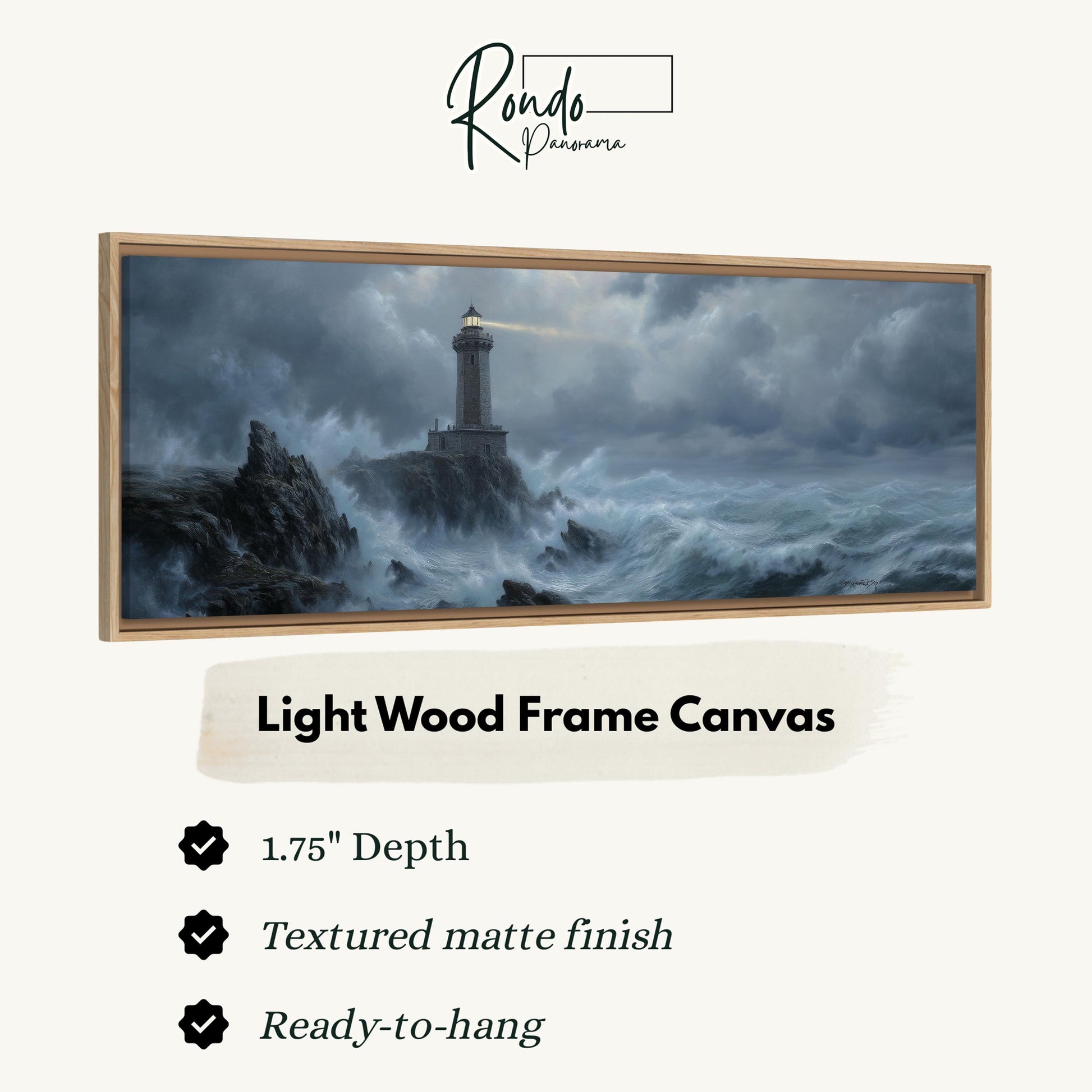 The image is a framed canvas depicting a lighthouse on a rocky shore during a stormy sea.