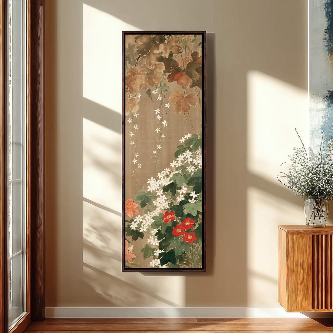 Camellia and white blossoms on a vintage screen long vertical canvas print in a sunlit living space