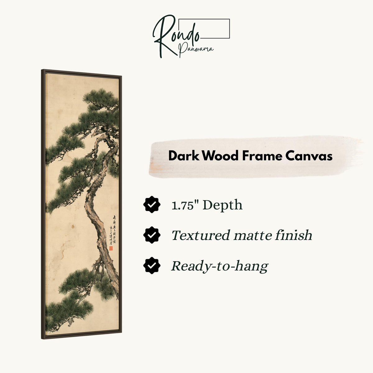 Twisting pine tree with calligraphy canvas print in a dark wood floating frame