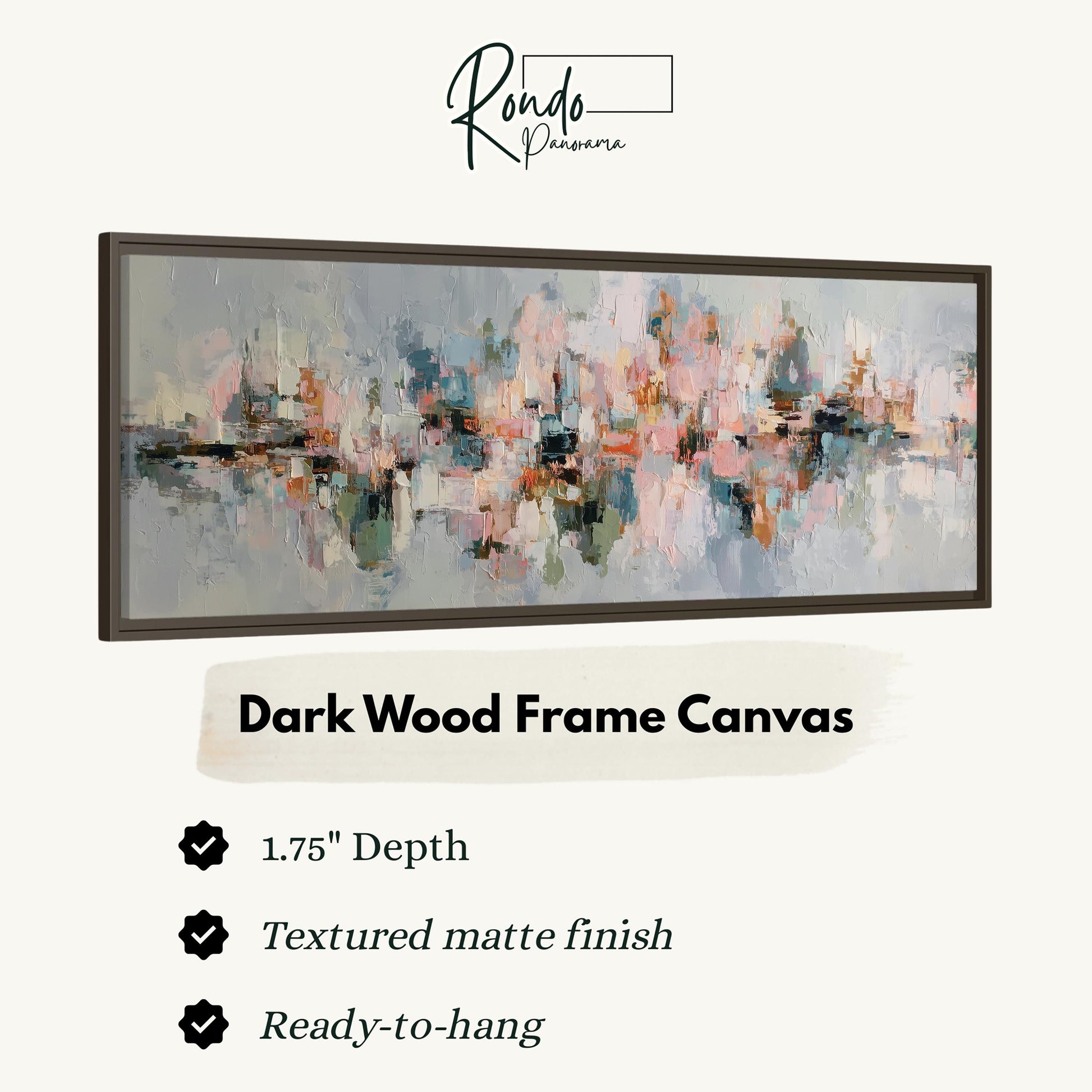 The image is a product advertisement for a dark wood frame canvas. It features a large abstract painting with a textured matte finish and a 1.75" depth. The canvas is described as ready-to-hang and has a textured matte finish.