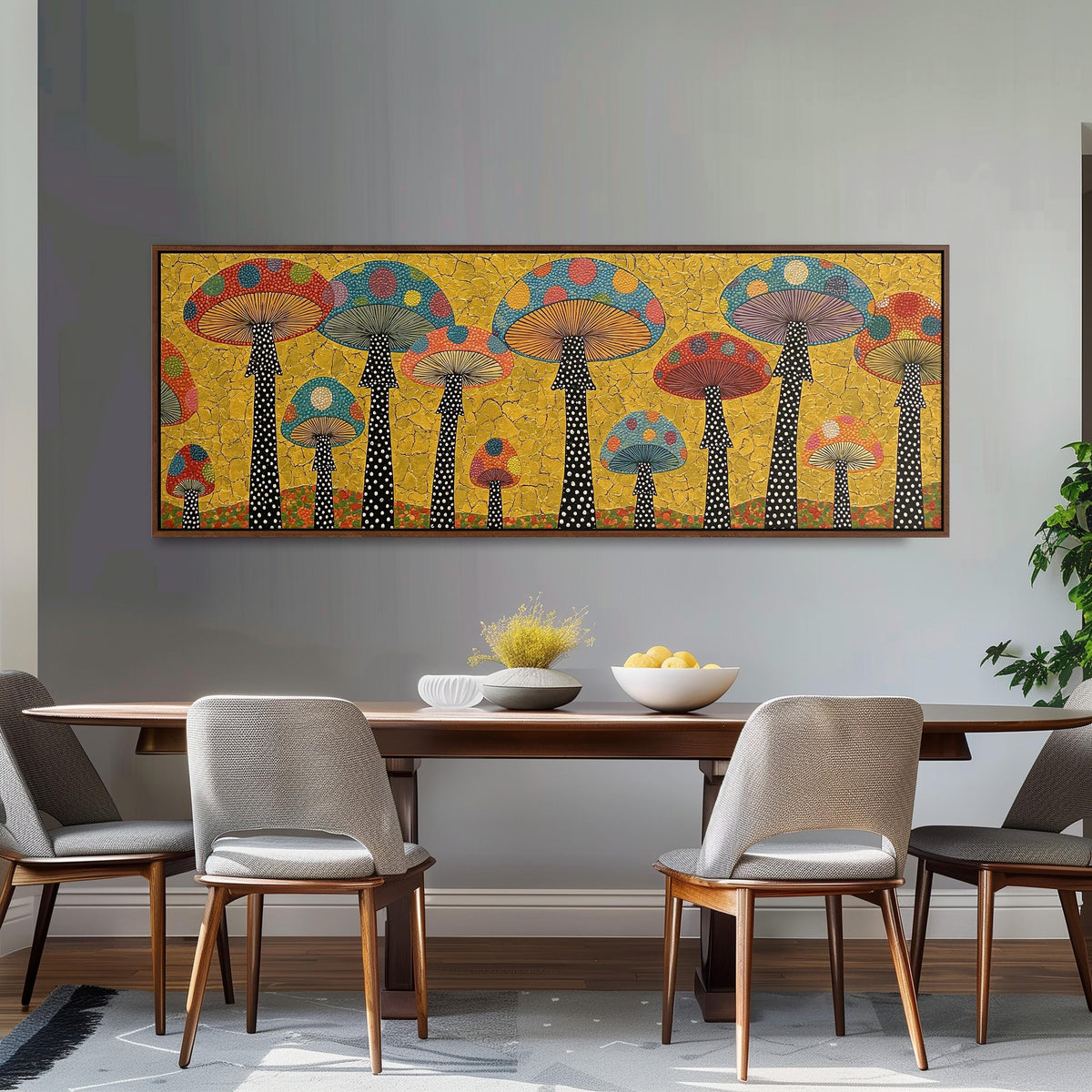 Polka dot mushrooms on gold long horizontal canvas print above a dining table