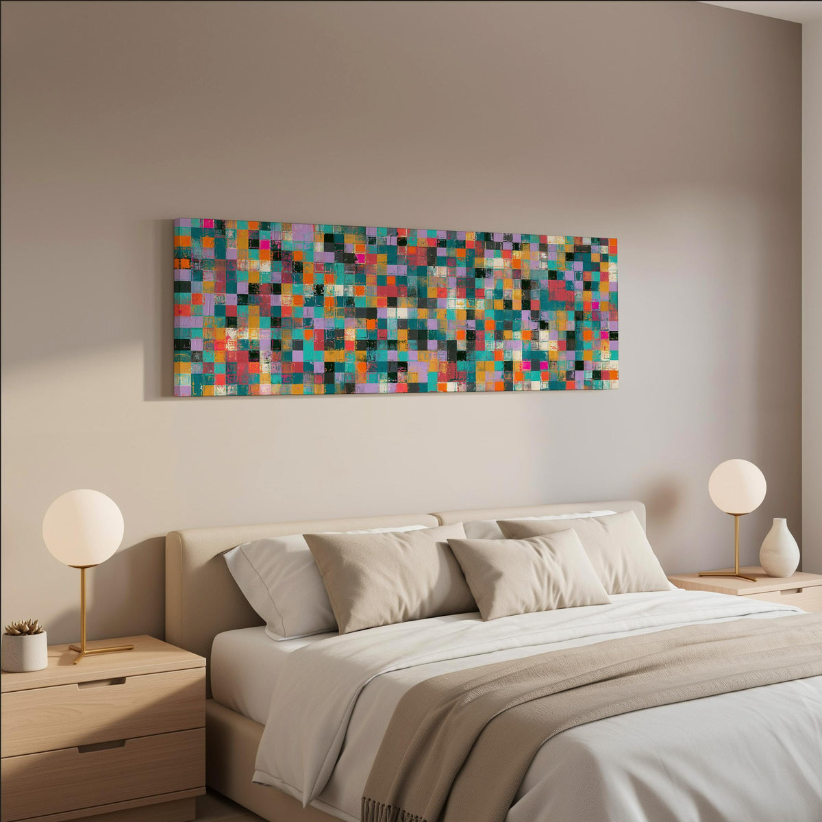 Jewel tone checker mosaic wide panoramic canvas print above a bed in a neutral bedroom