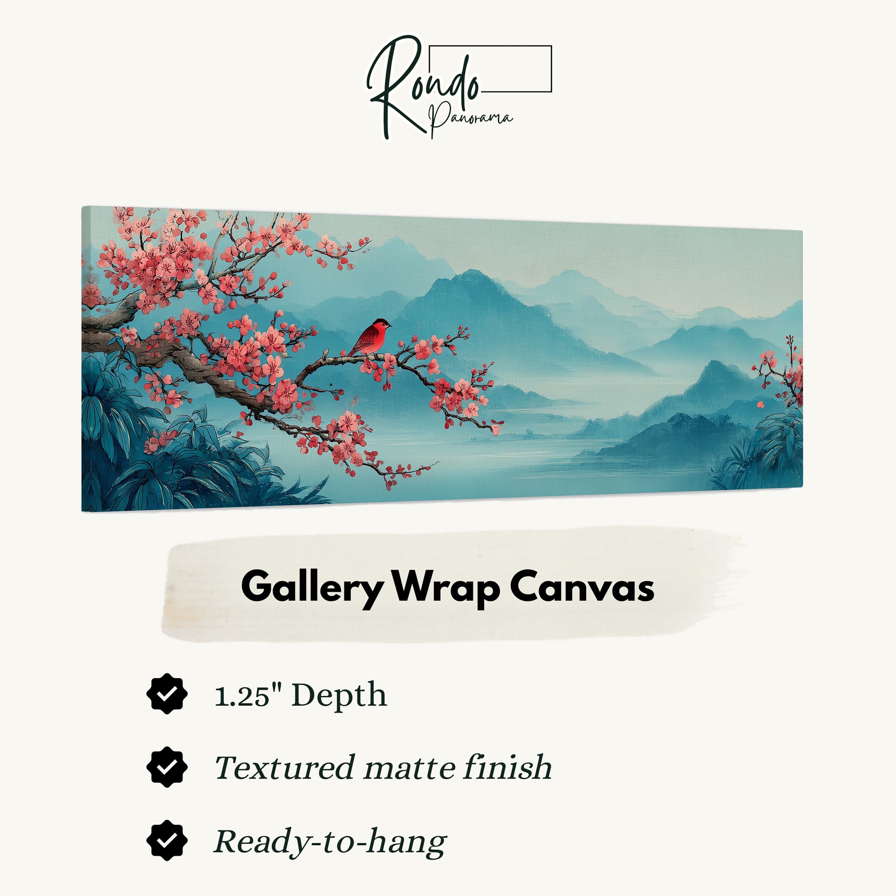 The image is a gallery wrap canvas featuring a serene landscape with a red bird perched on a branch, surrounded by pink flowers and mountains.
