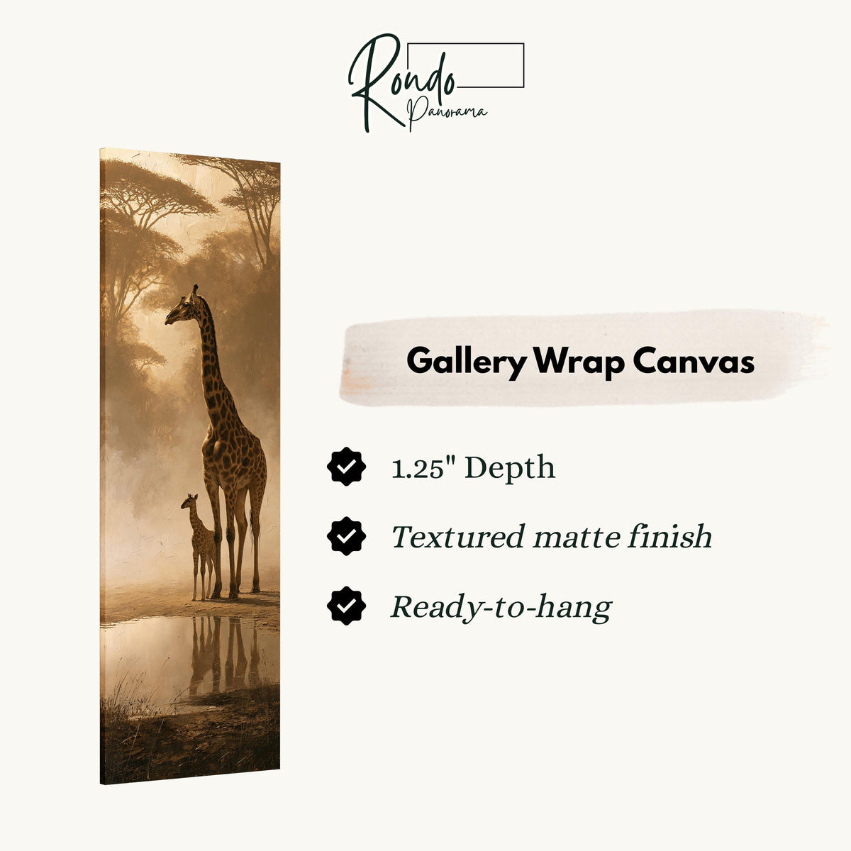 Giraffe and calf at a misty waterhole gallery wrap canvas with the image wrapped around the edges