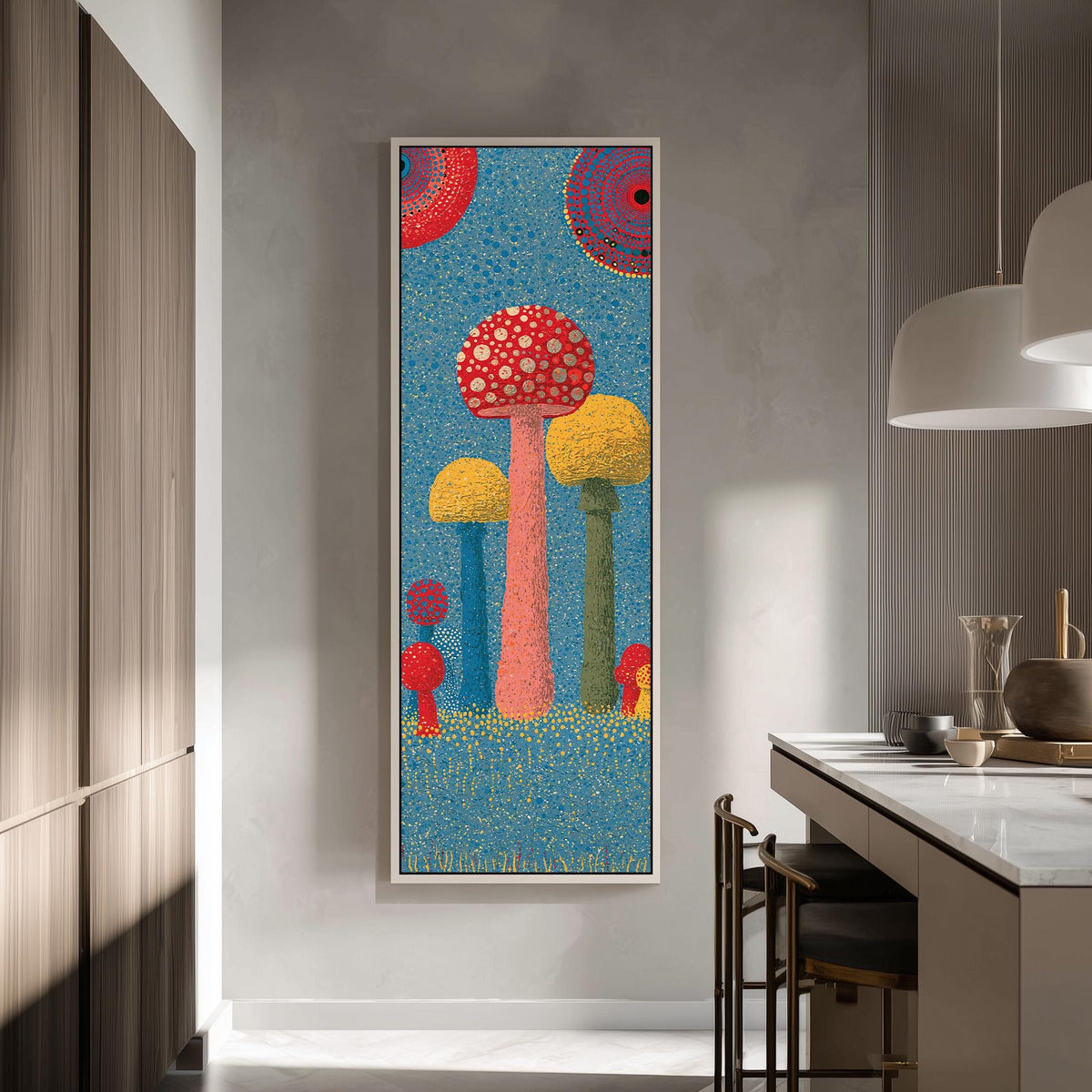 Mushrooms in a blue speckled meadow tall skinny canvas print in a modern kitchen