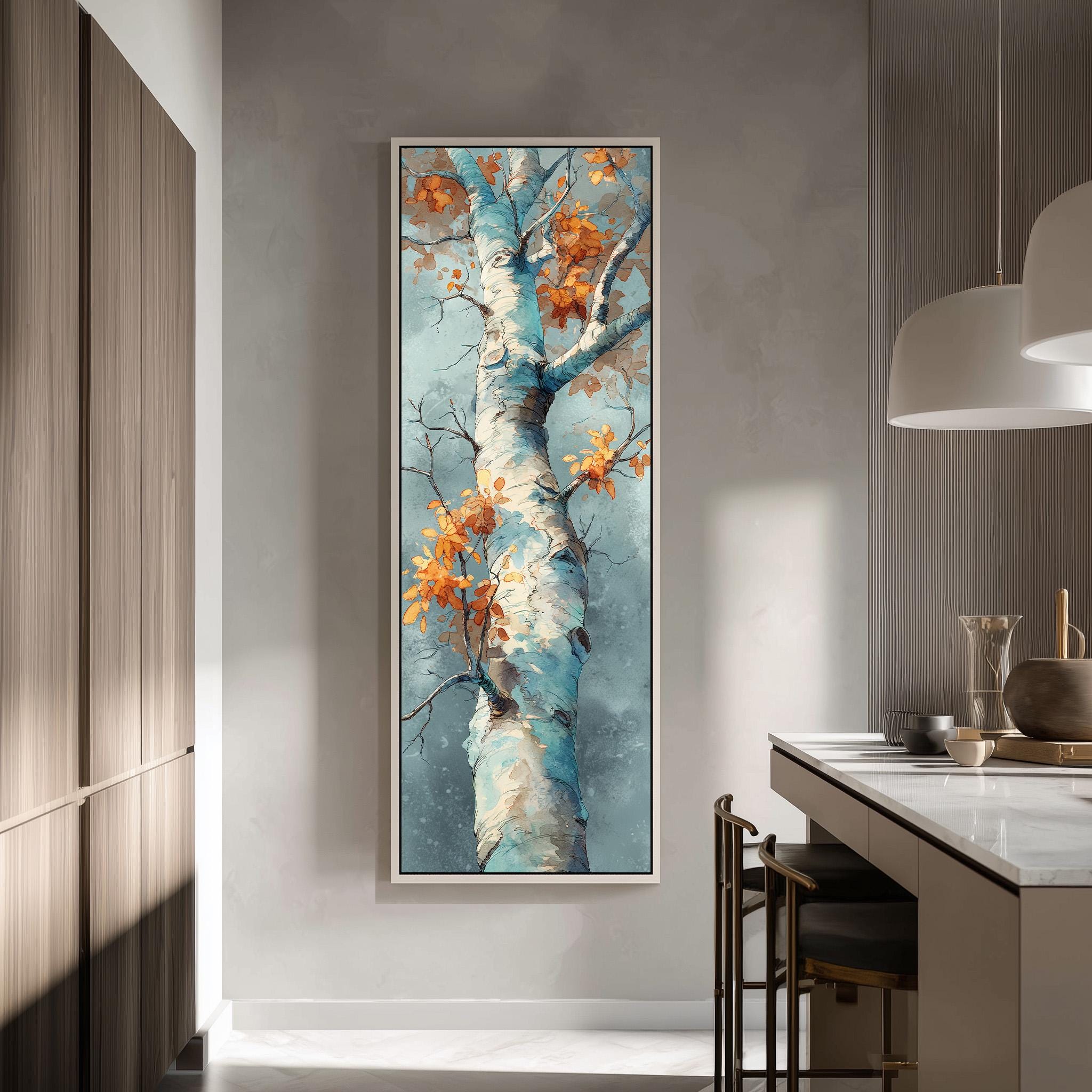 a large, framed painting of a tree with vibrant orange leaves hanging on a wall in a modern kitchen.