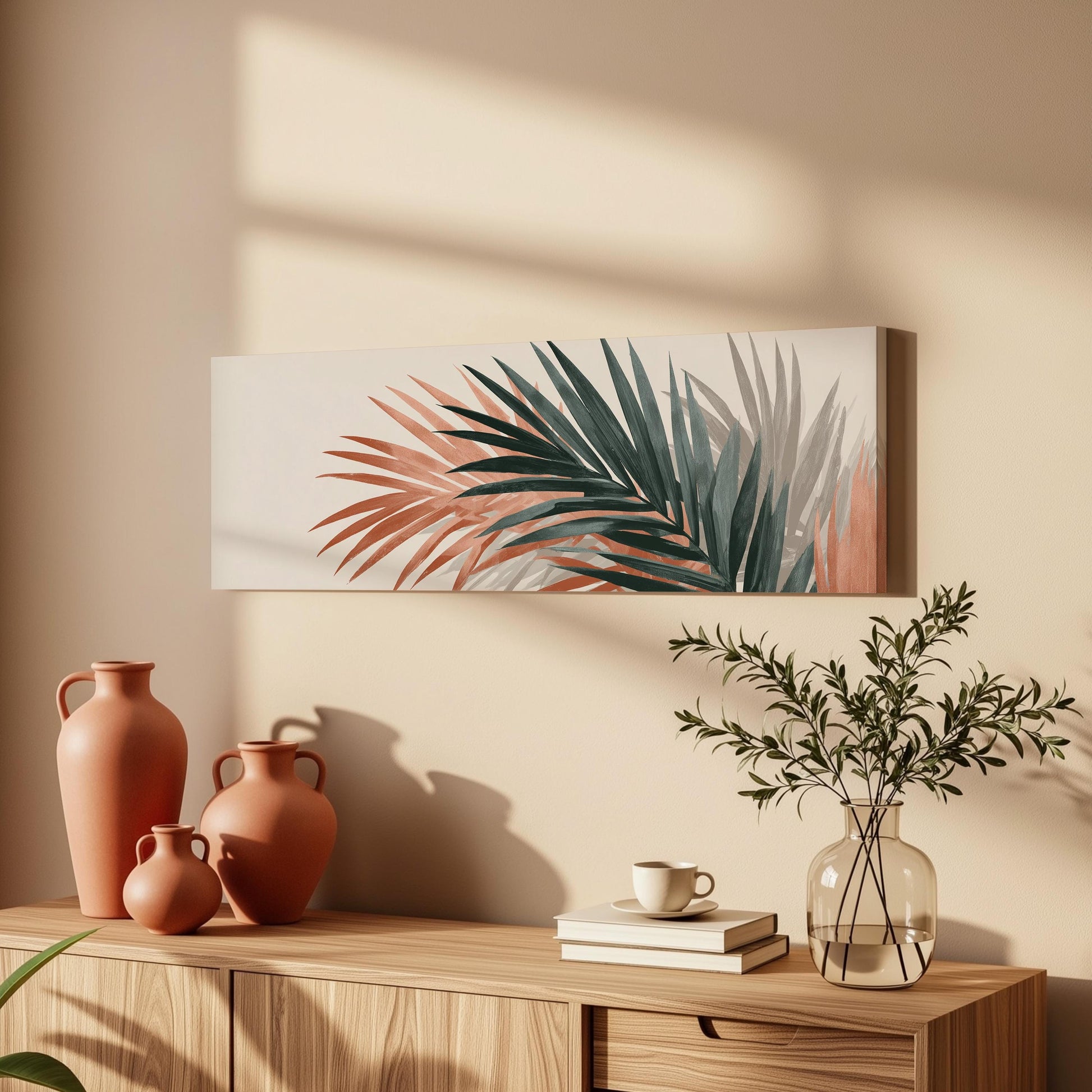 a wooden cabinet with a vase of greenery, a coffee cup, and a stack of books on top. Above the cabinet, there is a framed artwork depicting palm leaves in shades of green and orange.