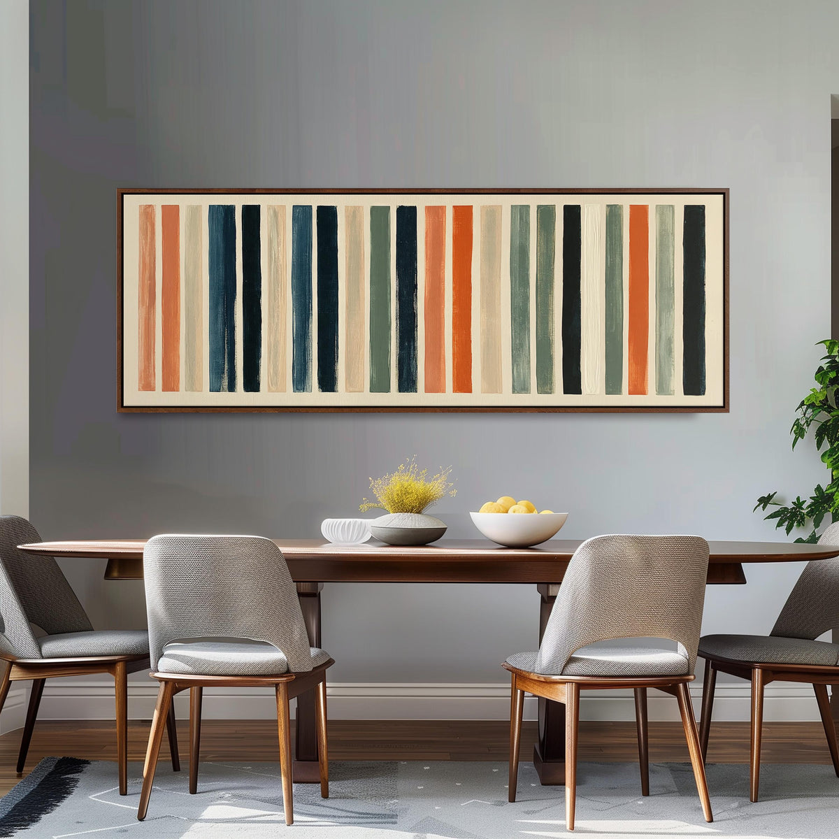 Bold peach, sage and navy stripes long horizontal canvas print above a dining table