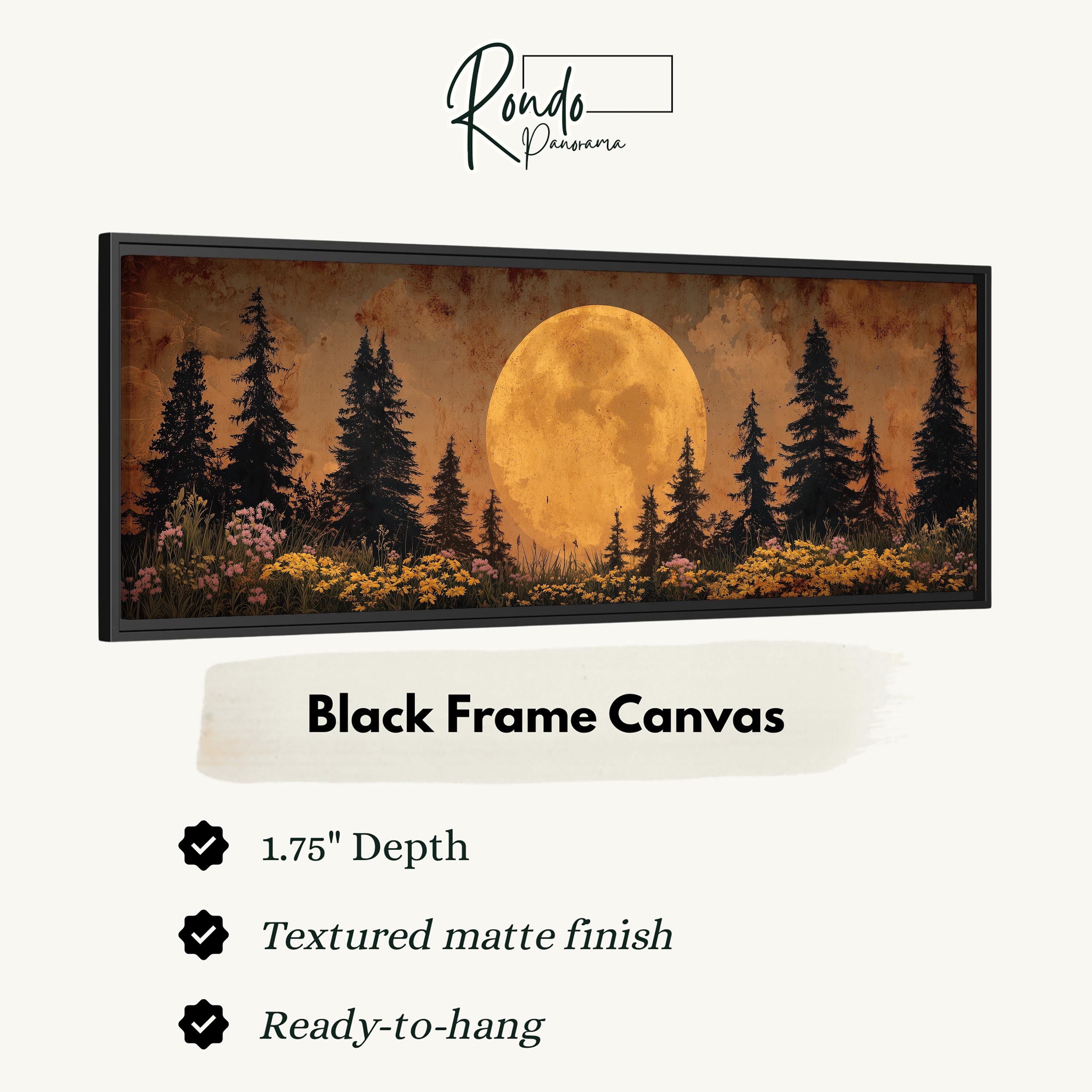 The image is a black frame canvas depicting a nighttime landscape with a full moon and pine trees.