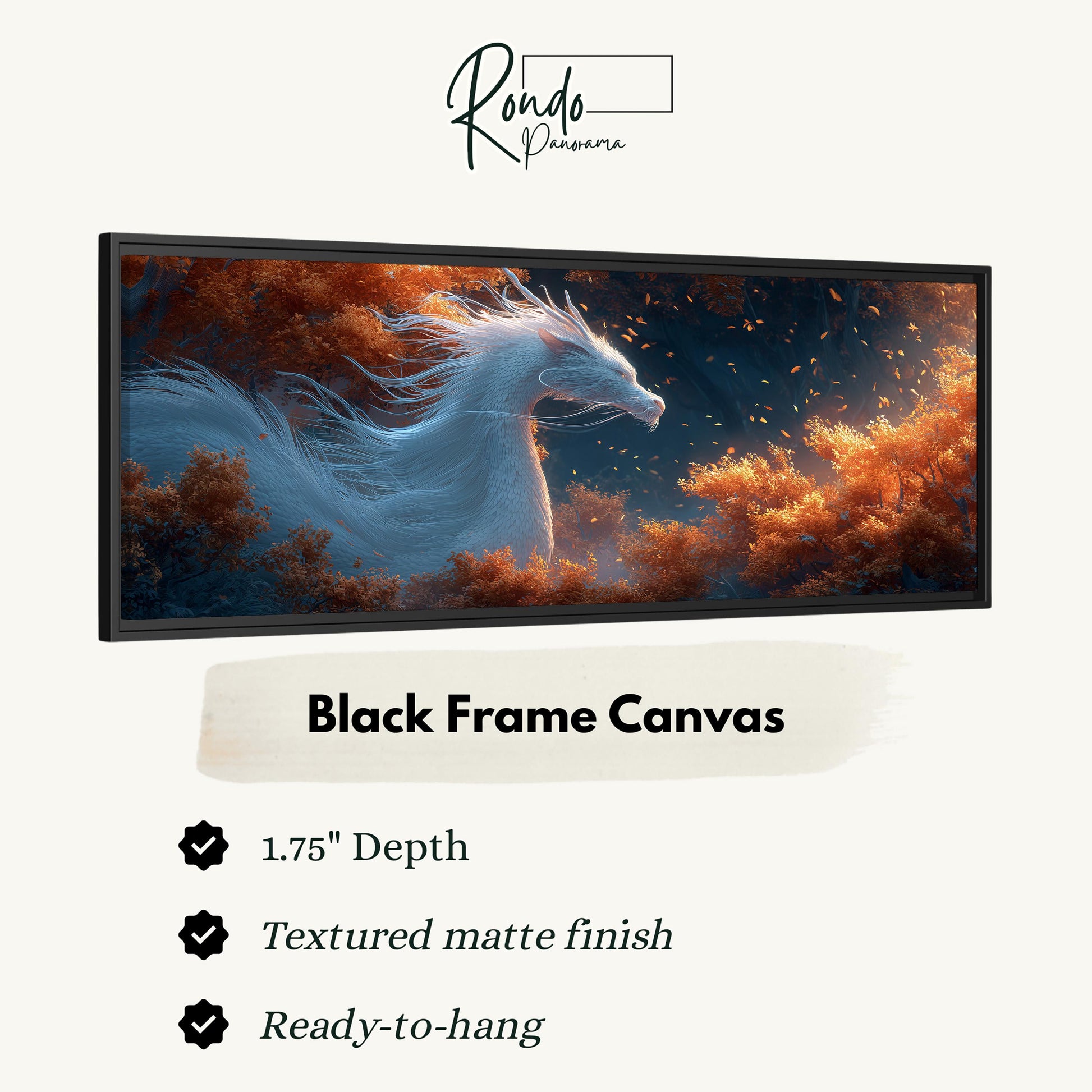 The image is a black frame canvas depicting a fantastical scene of a white dragon-like creature soaring through a forest of orange and red foliage.