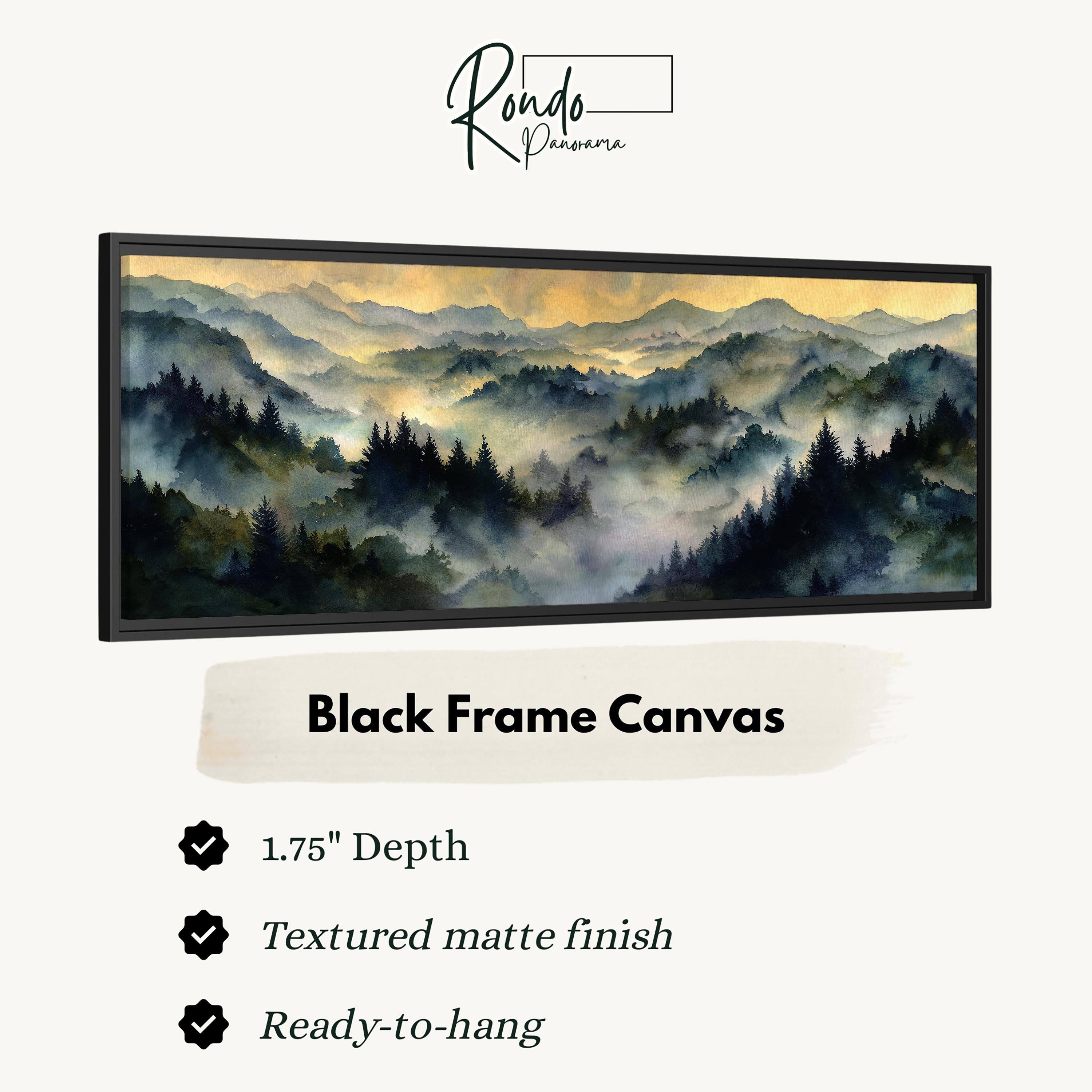 The image is a black frame canvas depicting a mountainous landscape with a misty, hazy effect.