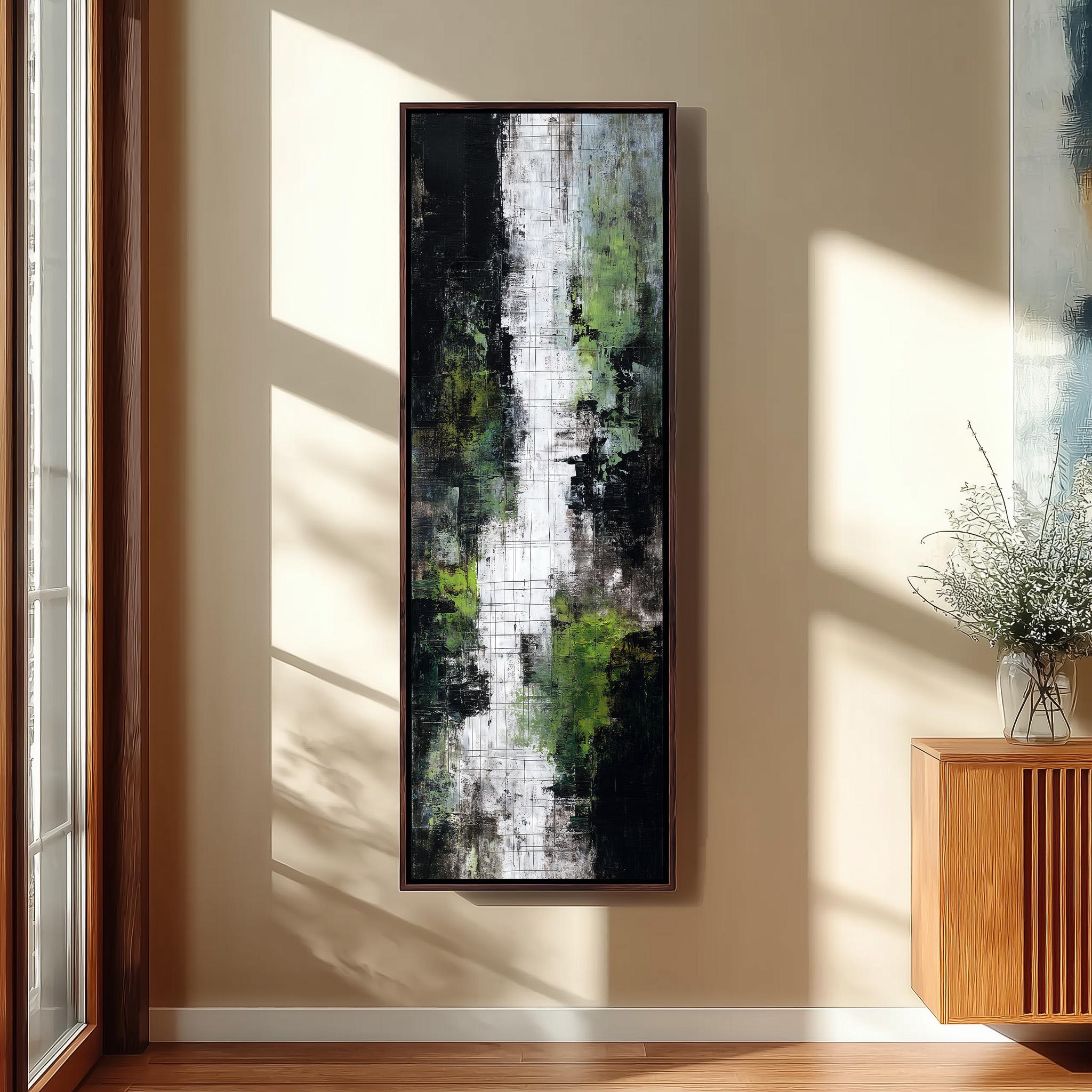 a large abstract painting hanging on a wall, with a wooden cabinet and a vase of flowers to the right of the painting.