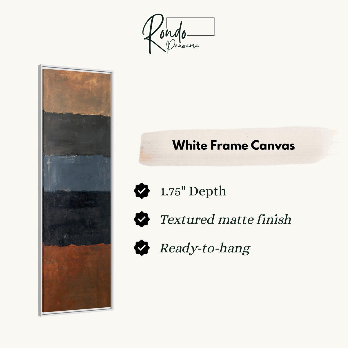 Moody color field bands in rust and navy canvas print in a white floating frame