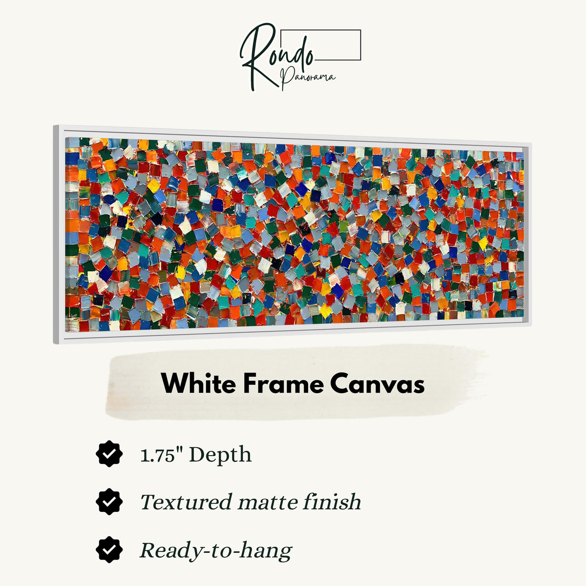 Colorful confetti mosaic squares canvas print in a white floating frame