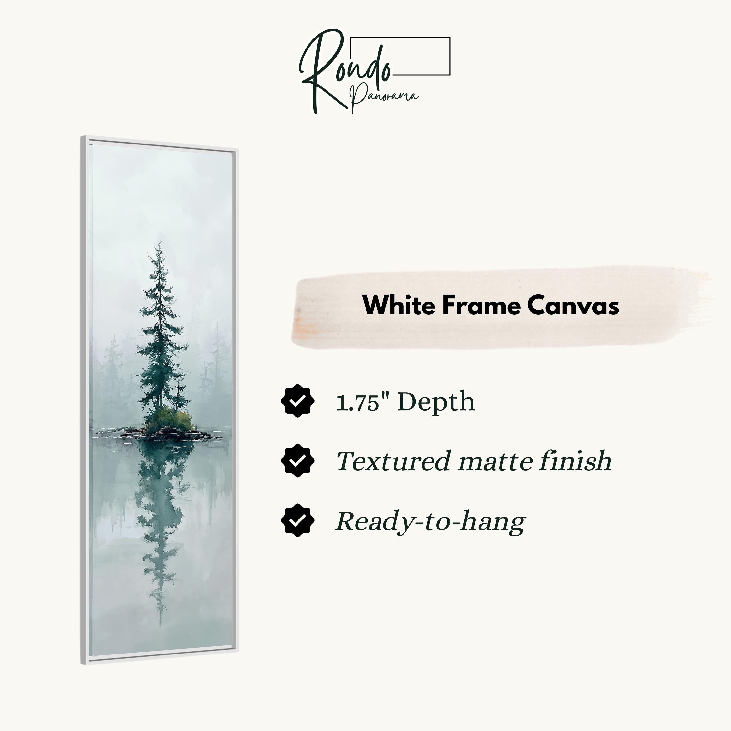The image is a white frame canvas depicting a tall pine tree reflected in a body of water, creating a serene and tranquil scene.
