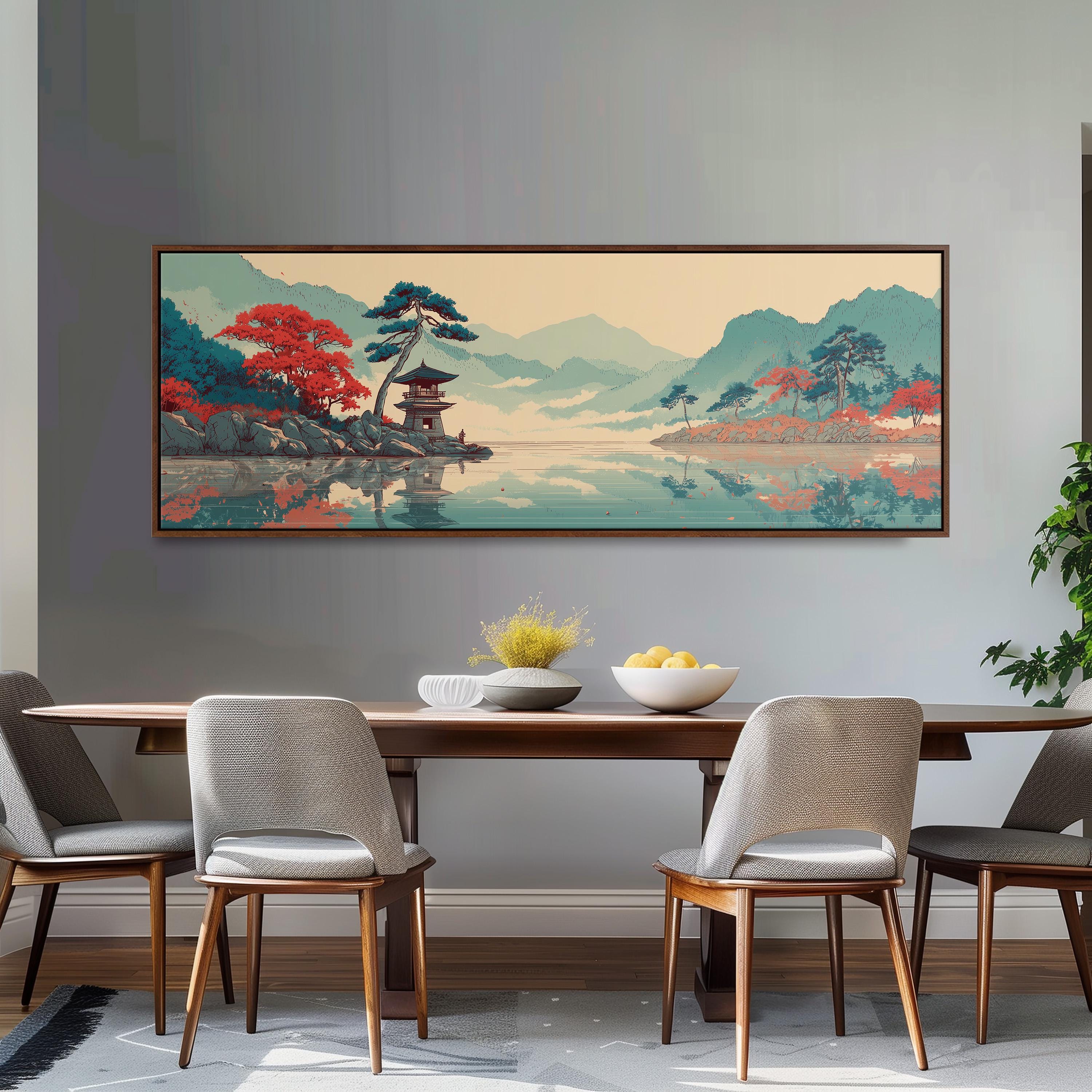 a large, colorful painting of a serene landscape hanging on a wall above a wooden dining table with four chairs.
