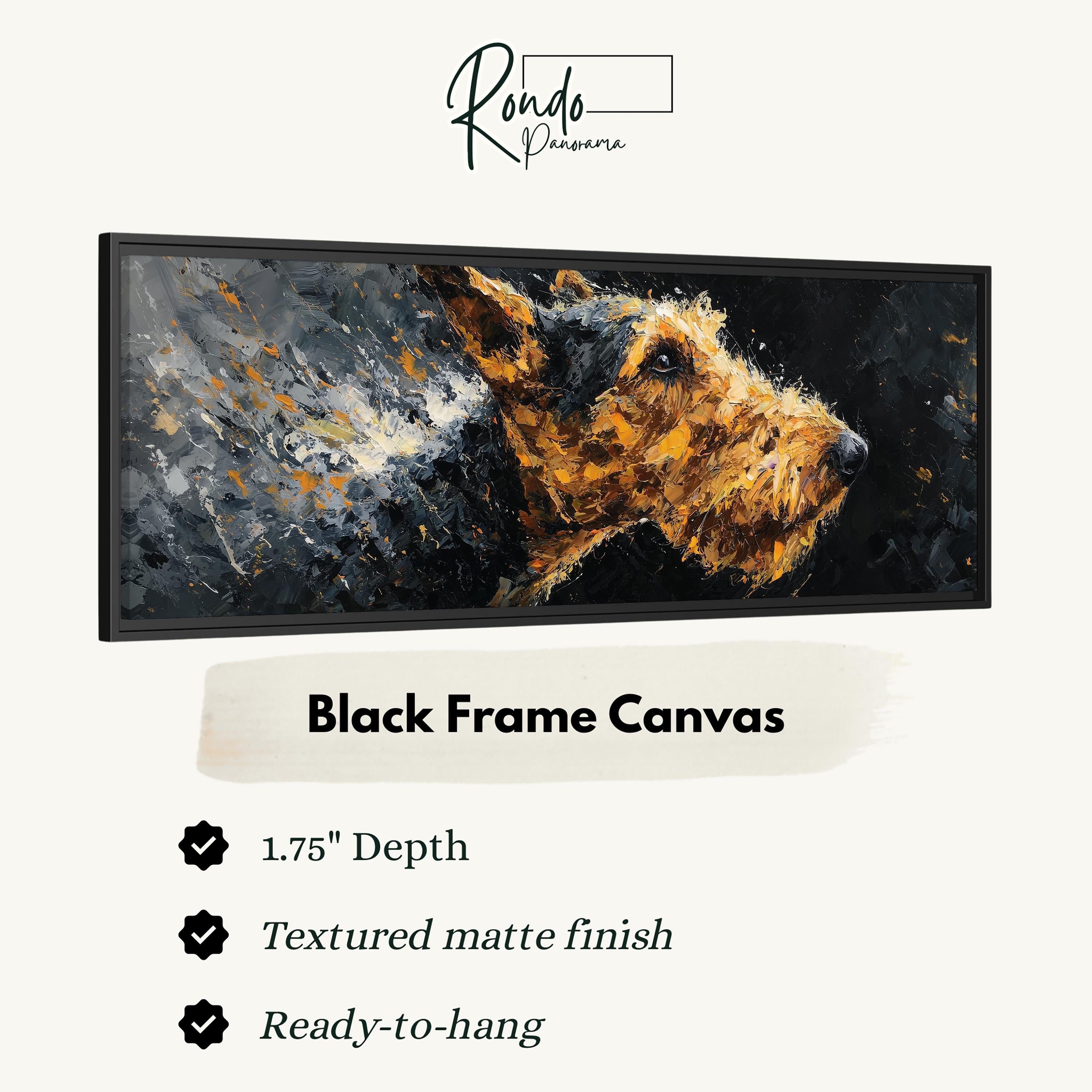 The image is a black frame canvas featuring a close-up of a dog's head in motion, with a textured matte finish and a 1.75" depth.