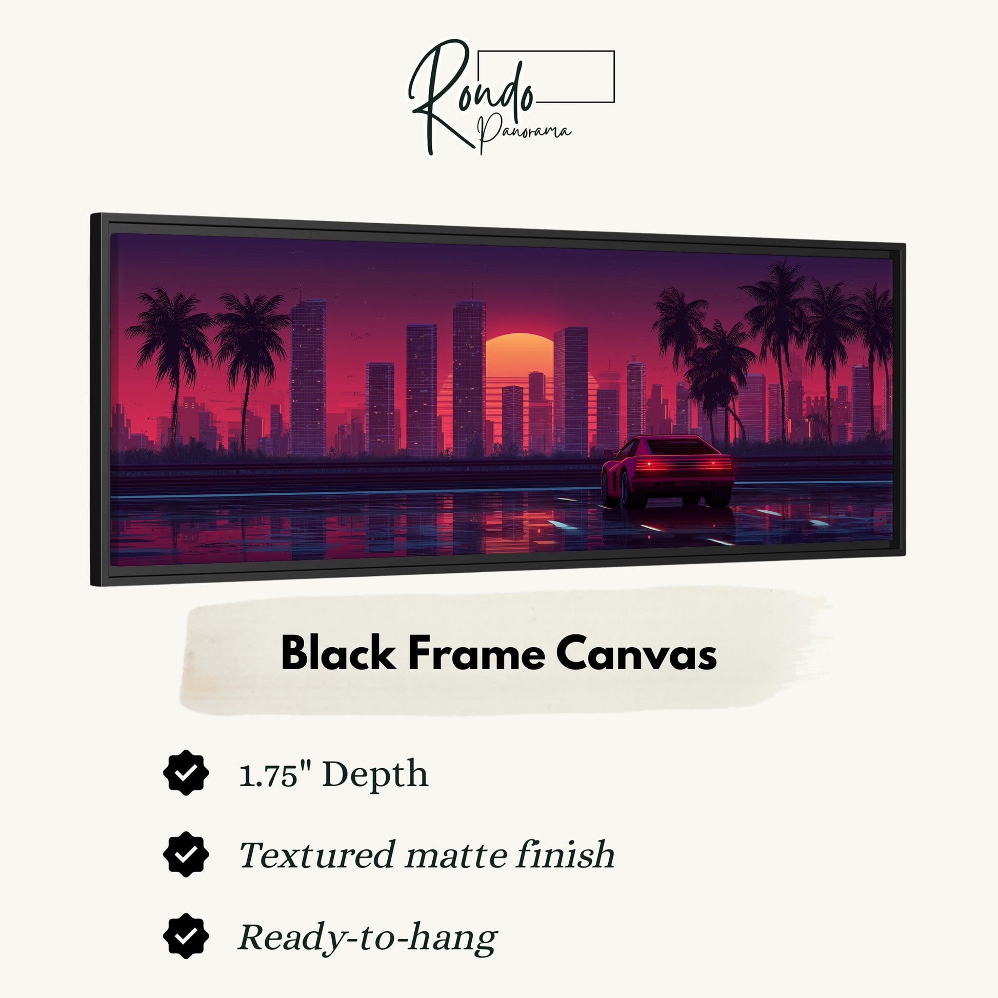 The image is a black frame canvas depicting a cityscape at sunset with palm trees and a car driving on the road.