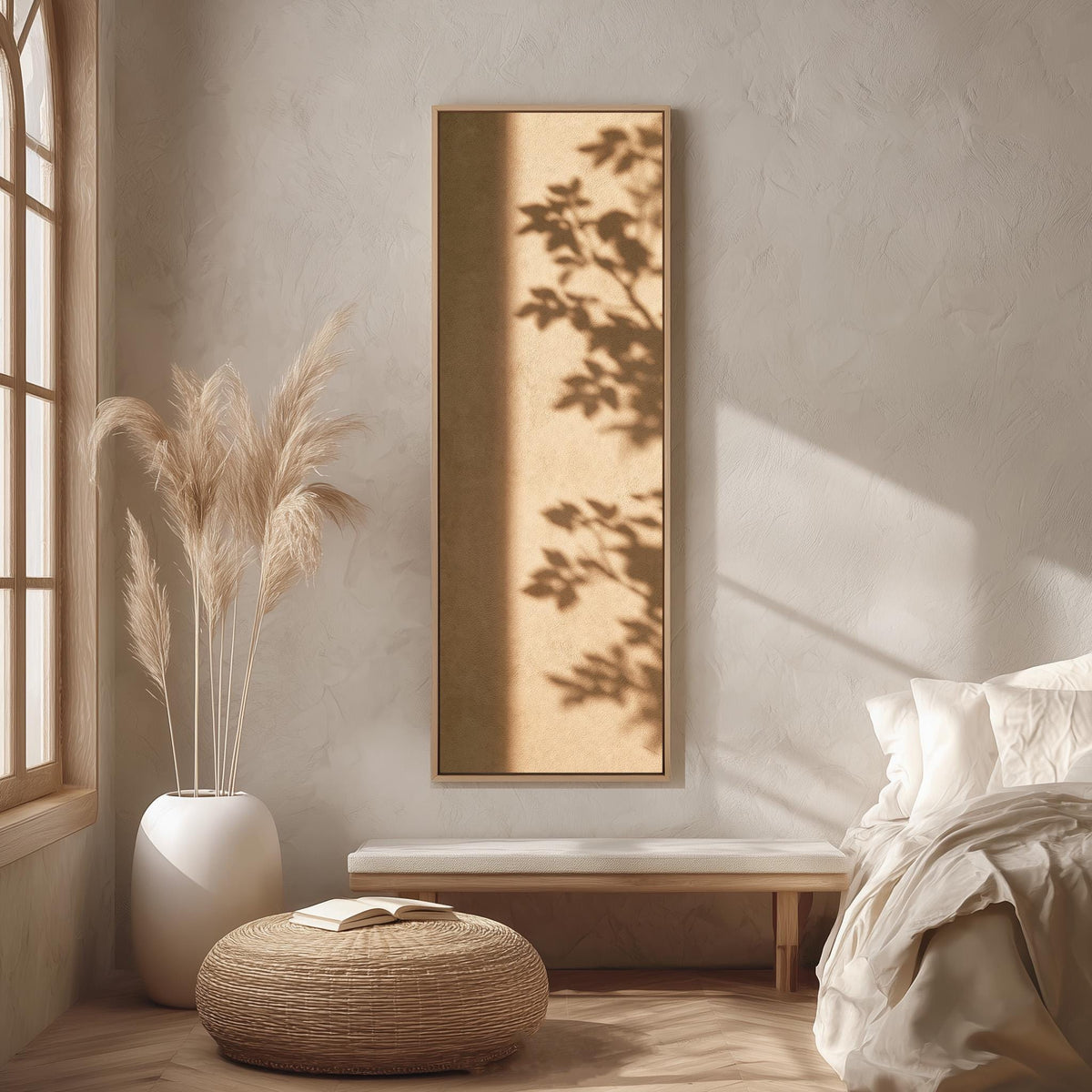 Leaf shadows on a warm tan wall long vertical canvas print in a bright reading corner