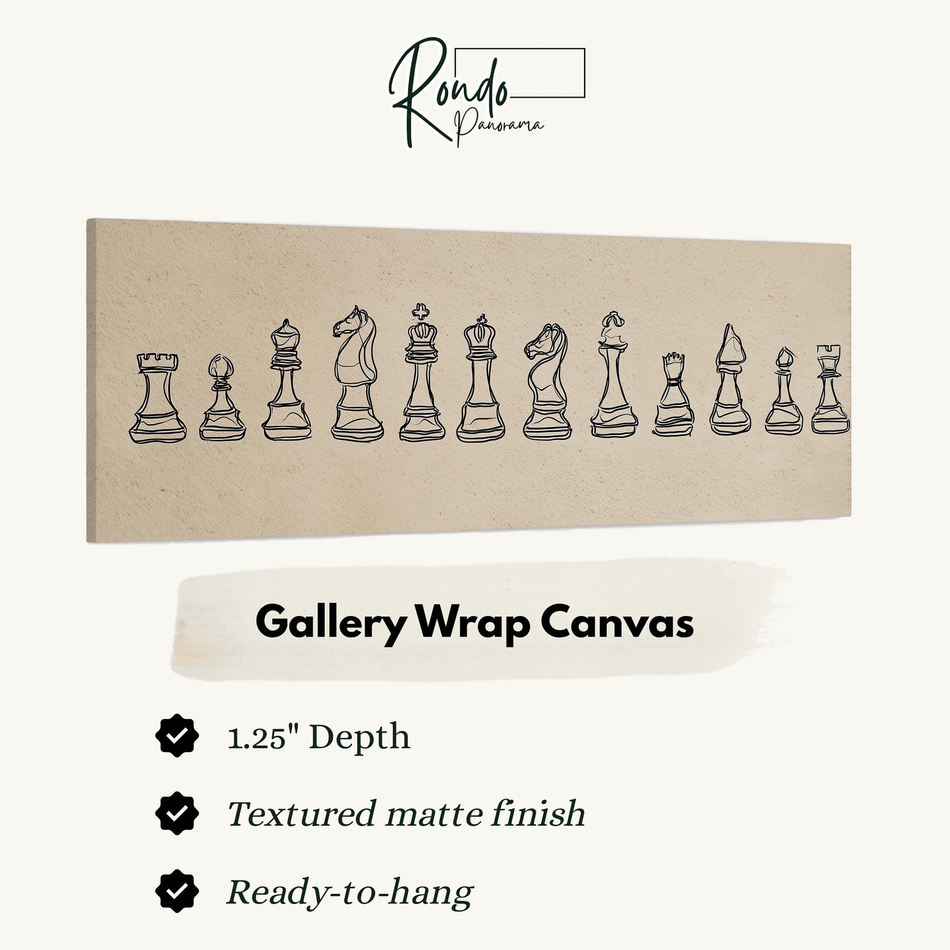 The image is a gallery wrap canvas featuring a line of chess pieces drawn on a beige background.