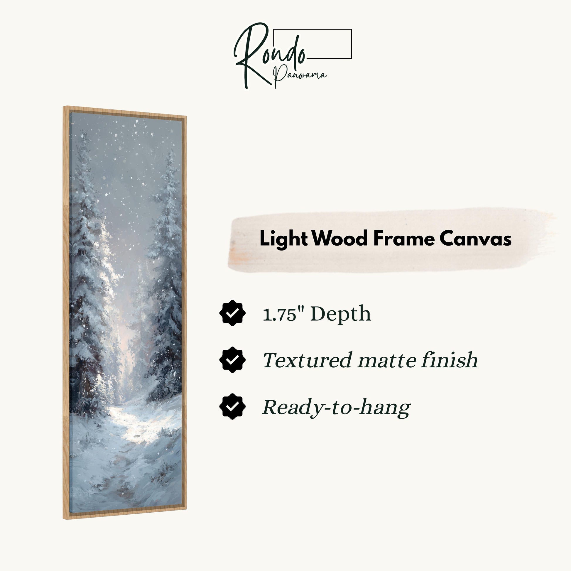The image is a light wood frame canvas depicting a snowy forest scene with tall trees covered in snow.