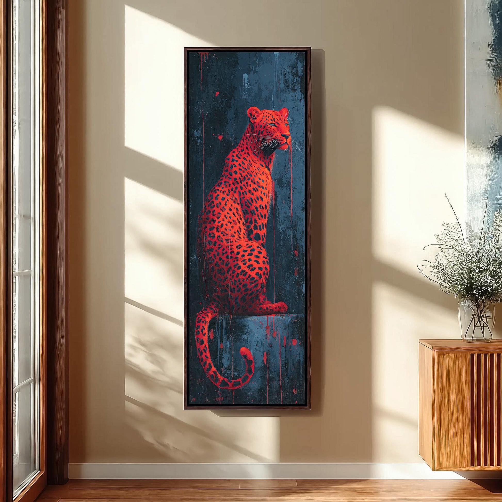 a large, vibrant painting of a leopard sitting on a ledge, with a striking red and black color scheme.