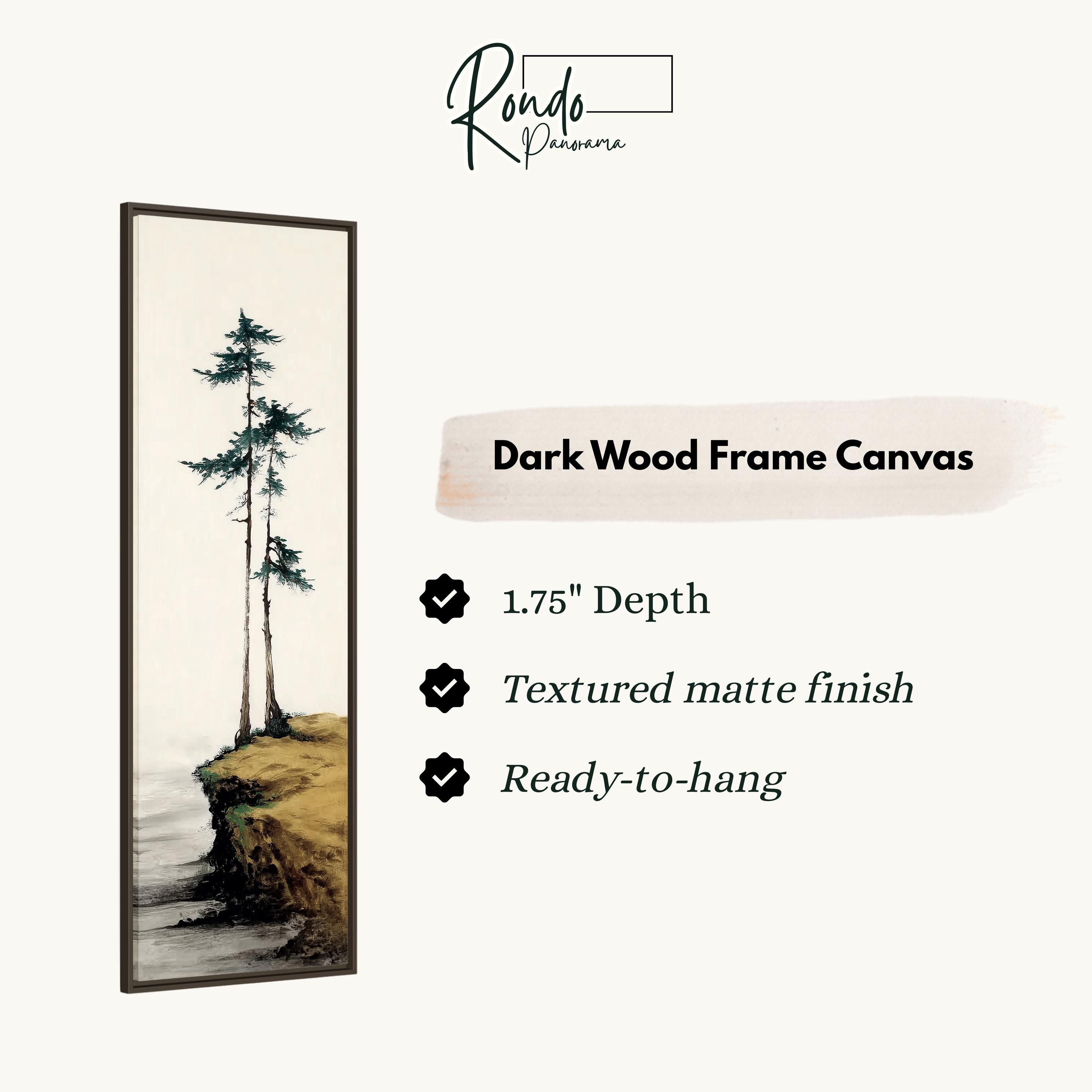 The image is a dark wood frame canvas depicting a serene landscape with a tree on a cliff overlooking the water.