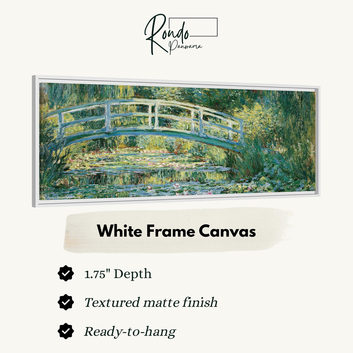 Japanese bridge over a water lily pond canvas print in a white floating frame