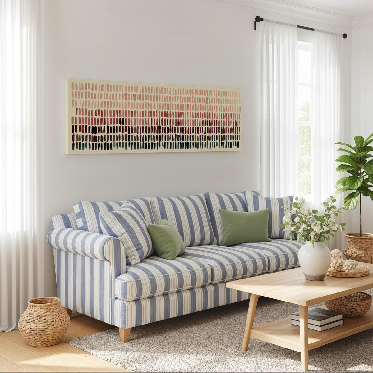 Brushmarks fading from blush to deep maroon long horizontal canvas print above a striped sofa in a coastal living room