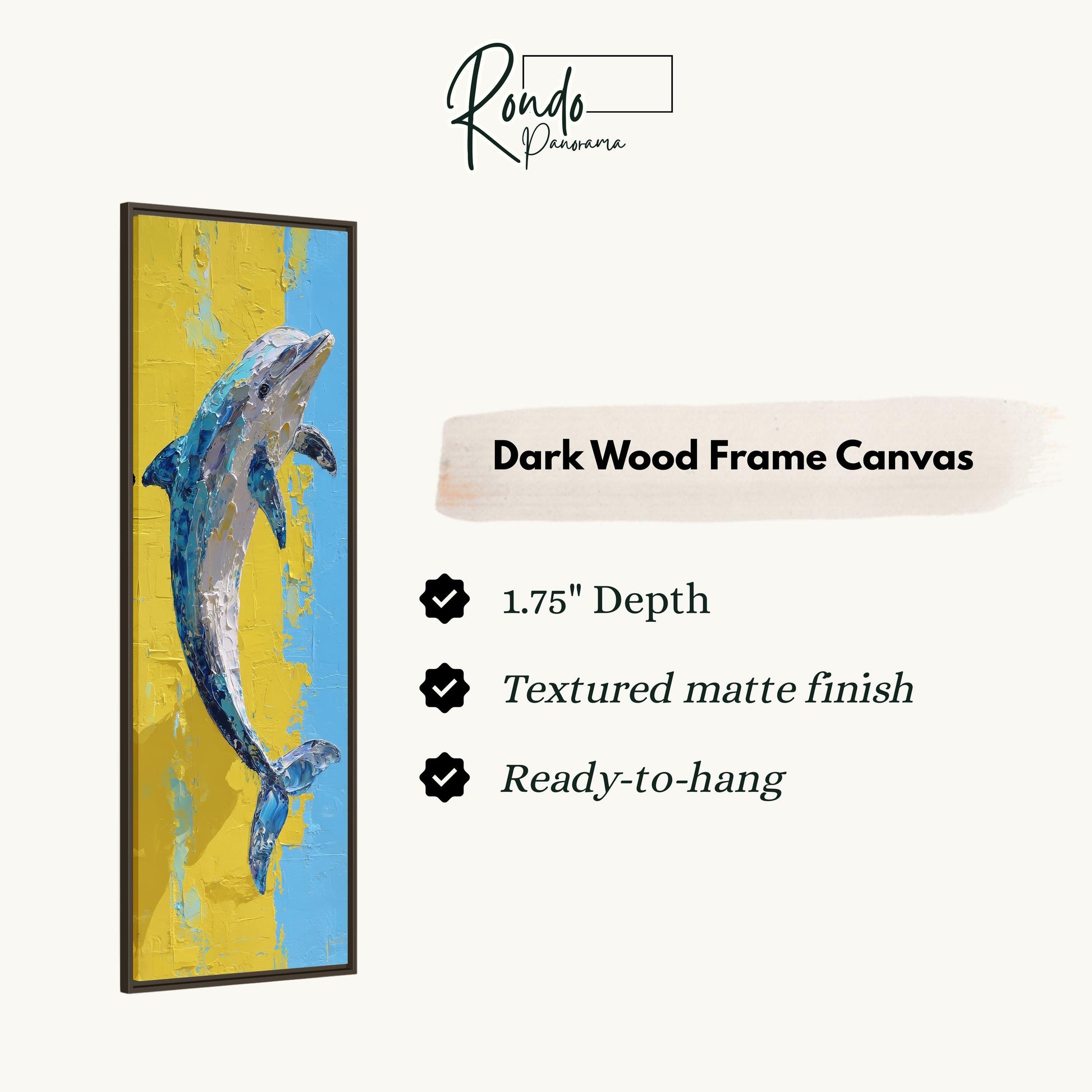The image is a rectangular frame canvas depicting a dolphin painted in a vibrant yellow and blue color scheme. The frame is described as having a 1.75" depth, a textured matte finish, and is ready to hang.