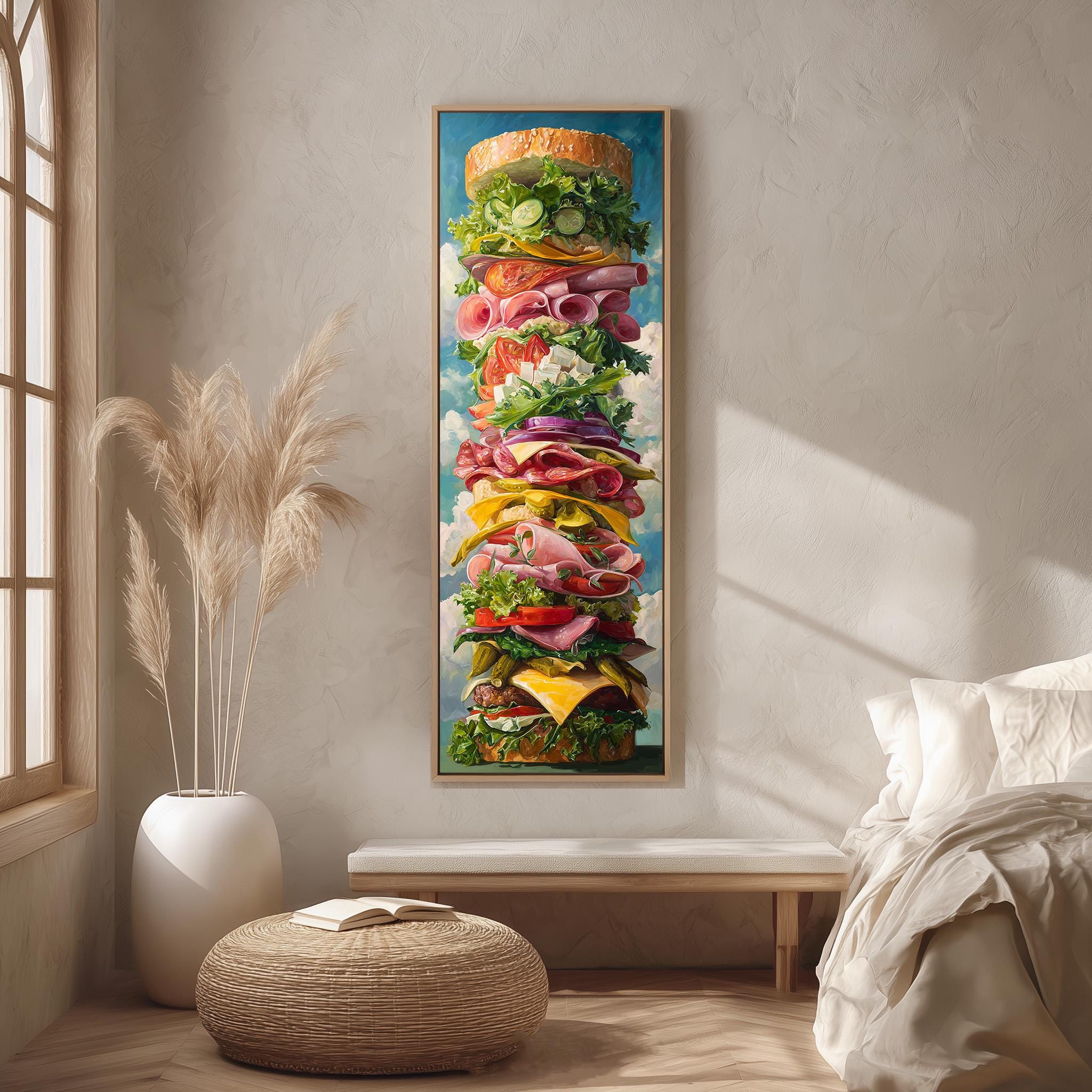 a large, colorful painting of a sandwich on a wall, with various layers of ingredients such as lettuce, tomato, cheese, and meat.