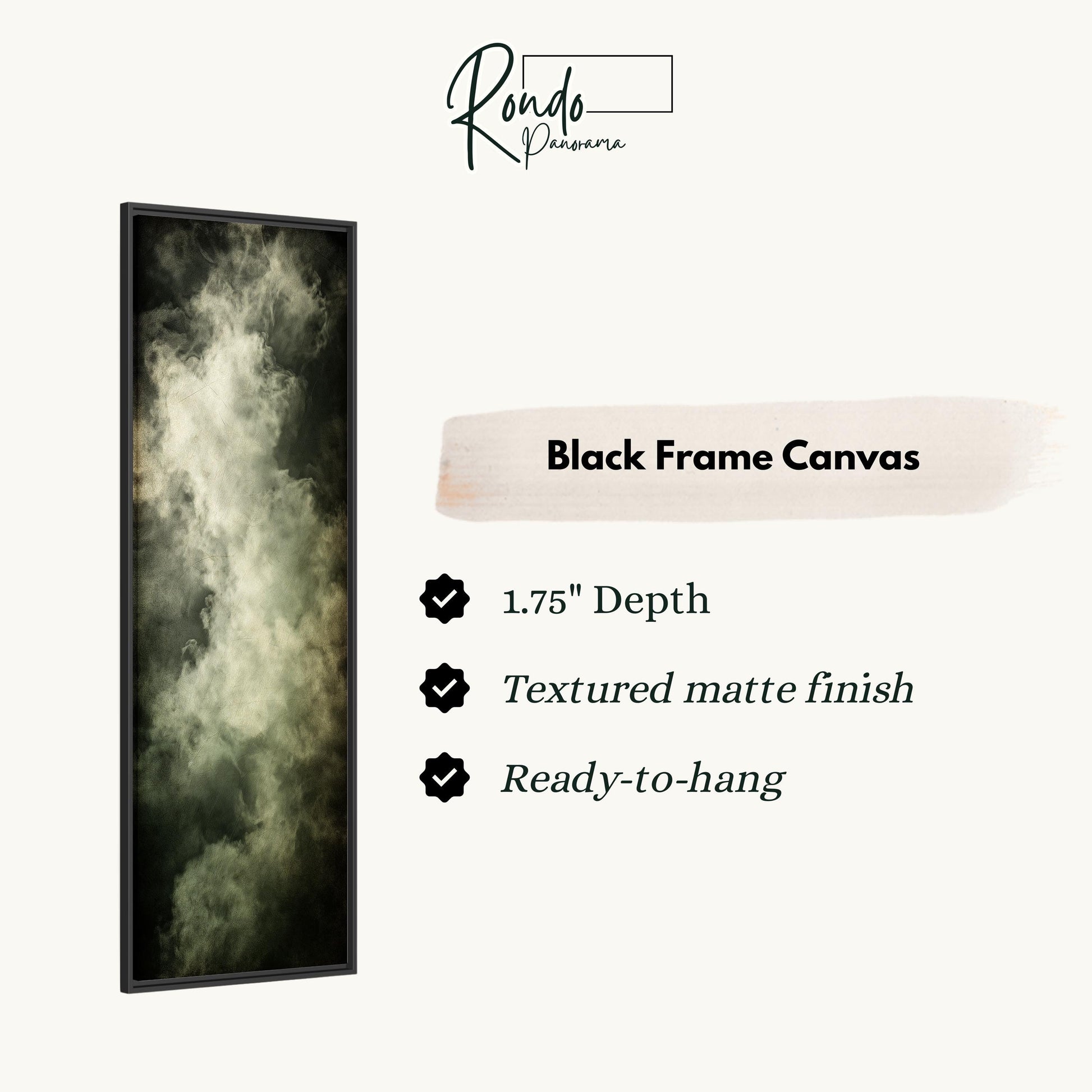 The image is a black frame canvas with a textured matte finish, 1.75" depth, and ready-to-hang.