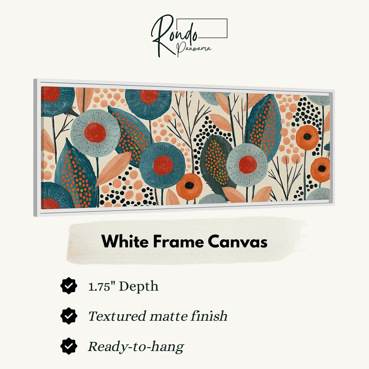 Teal poppies and speckled leaves canvas print in a white floating frame