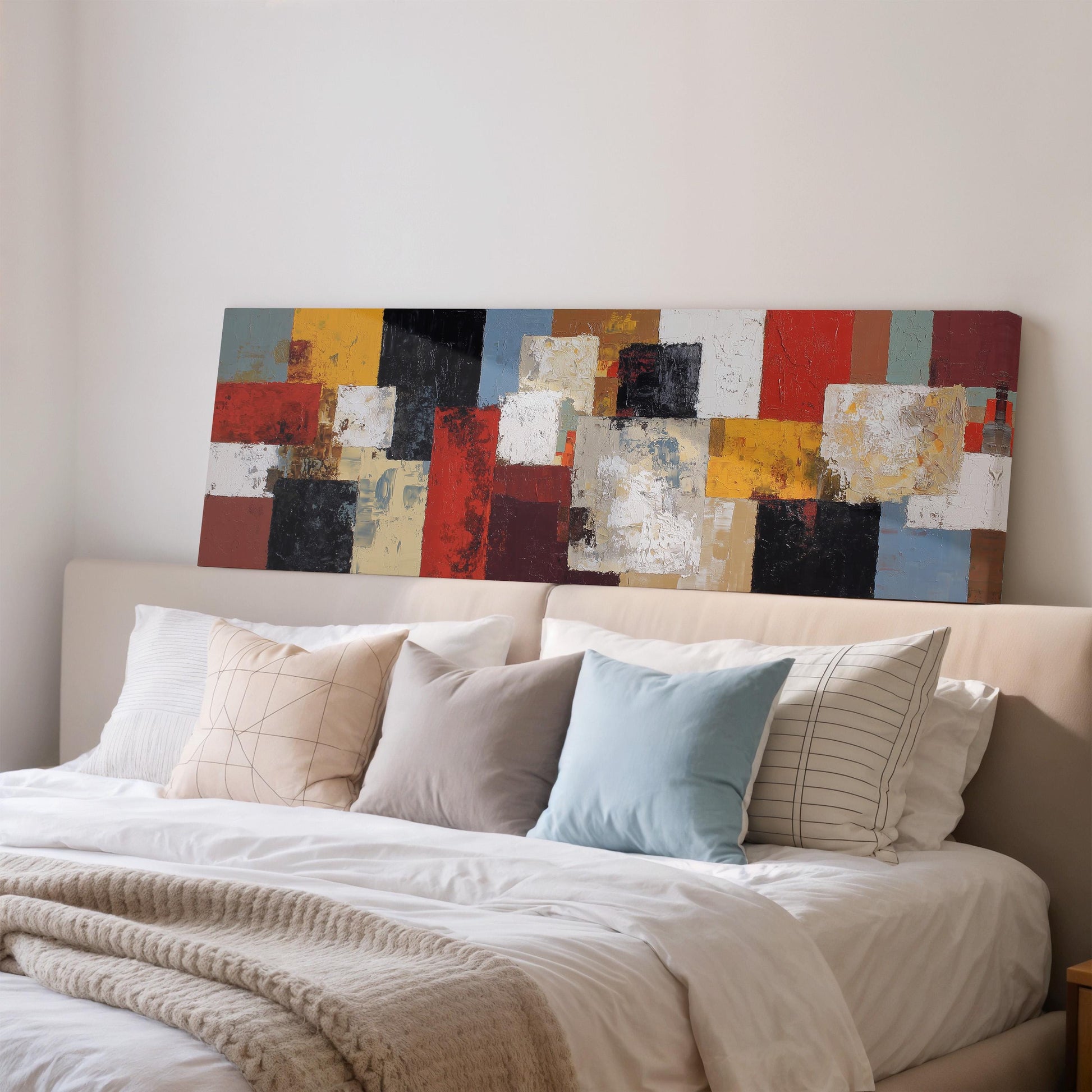 a large, colorful abstract painting displayed on a wall above a bed with white bedding and pillows.