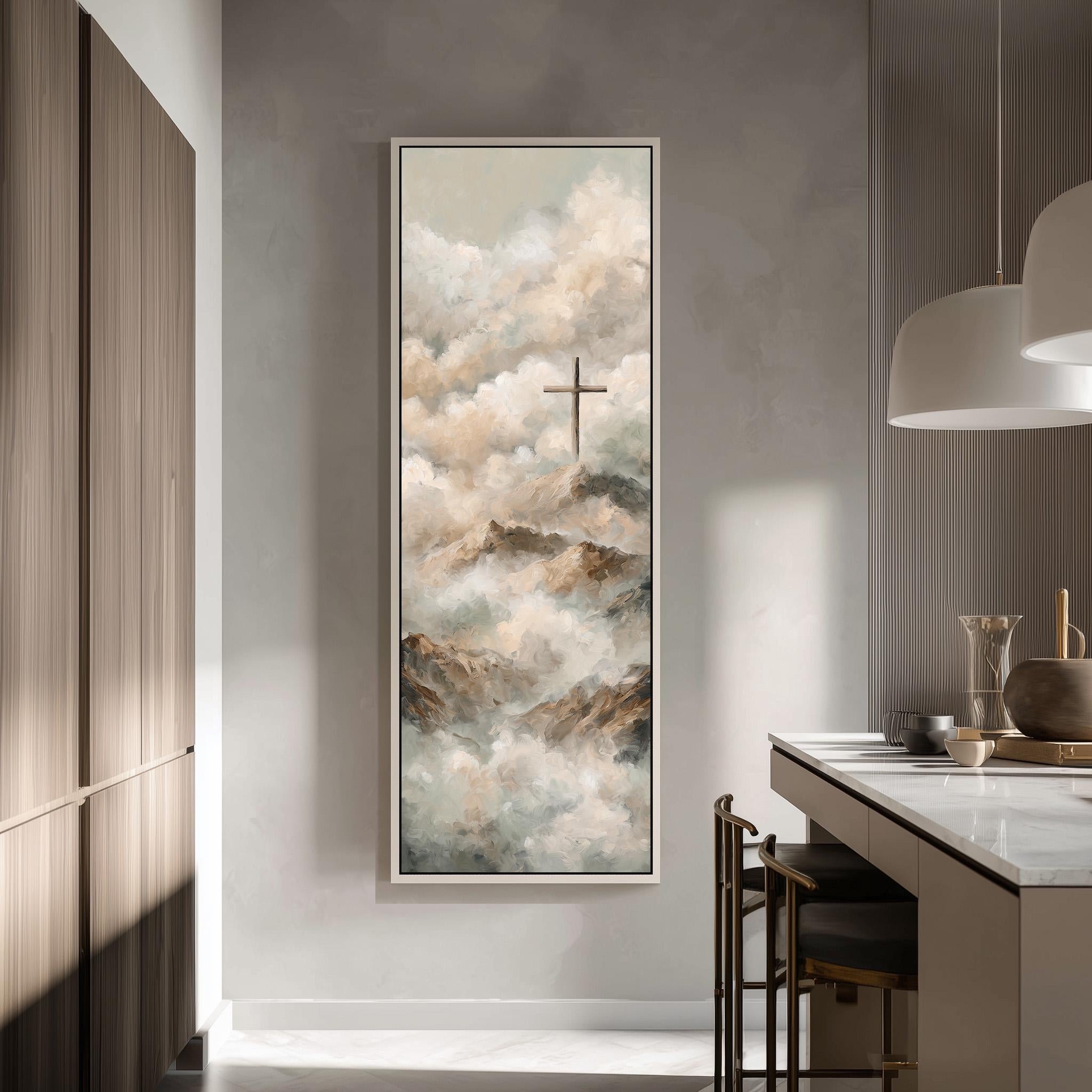 a large painting of a mountain landscape with a cross in the sky, hanging on a wall in a modern kitchen.