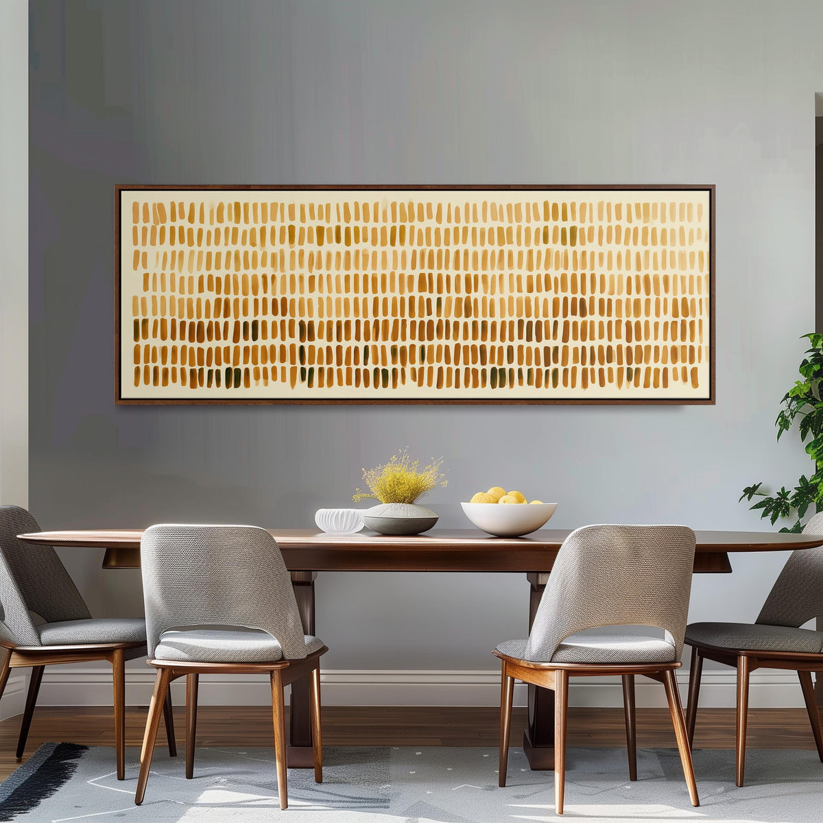 Brushmarks fading from cream to amber long horizontal canvas print above a dining table