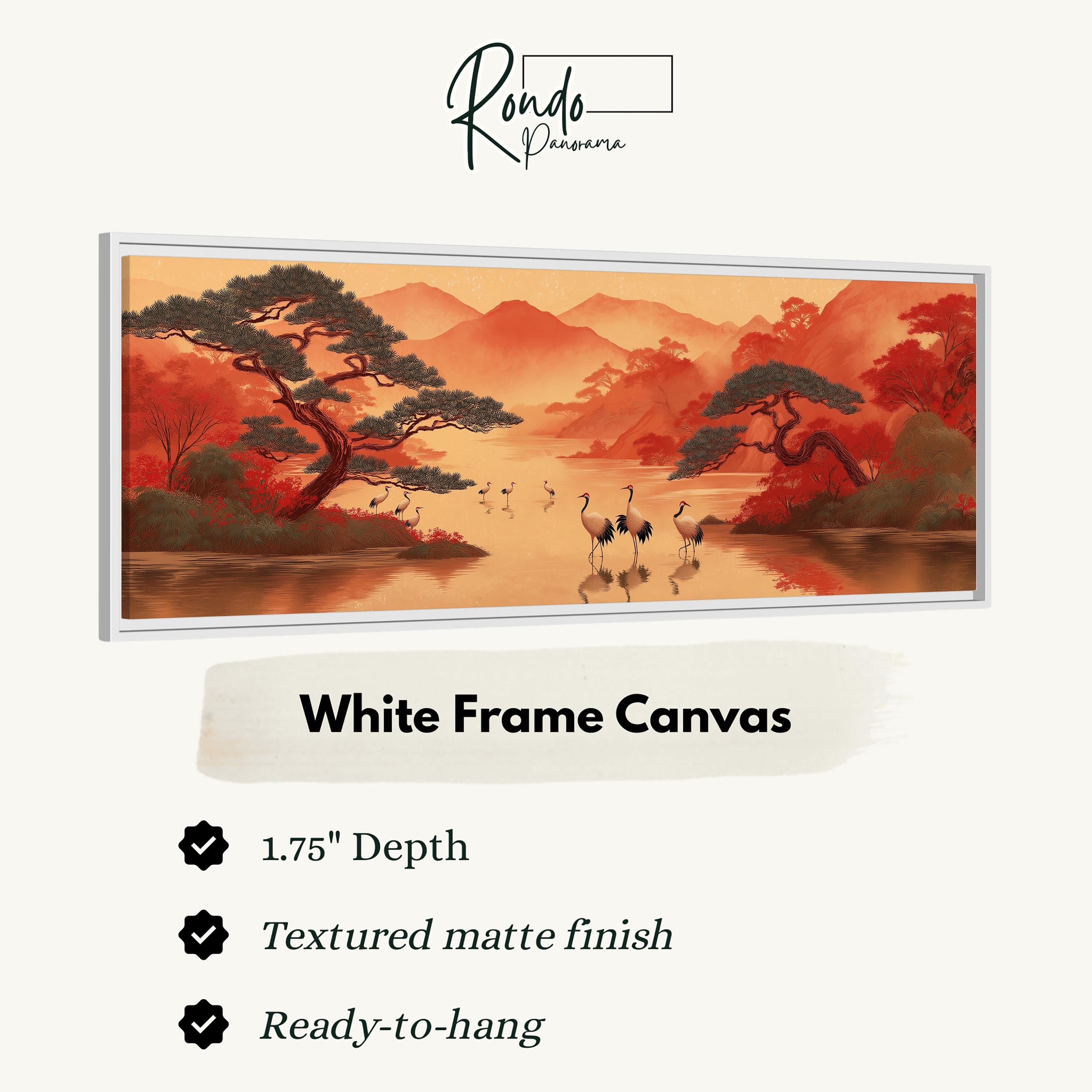 The image is a white frame canvas depicting a serene landscape with a lake, mountains, and trees.