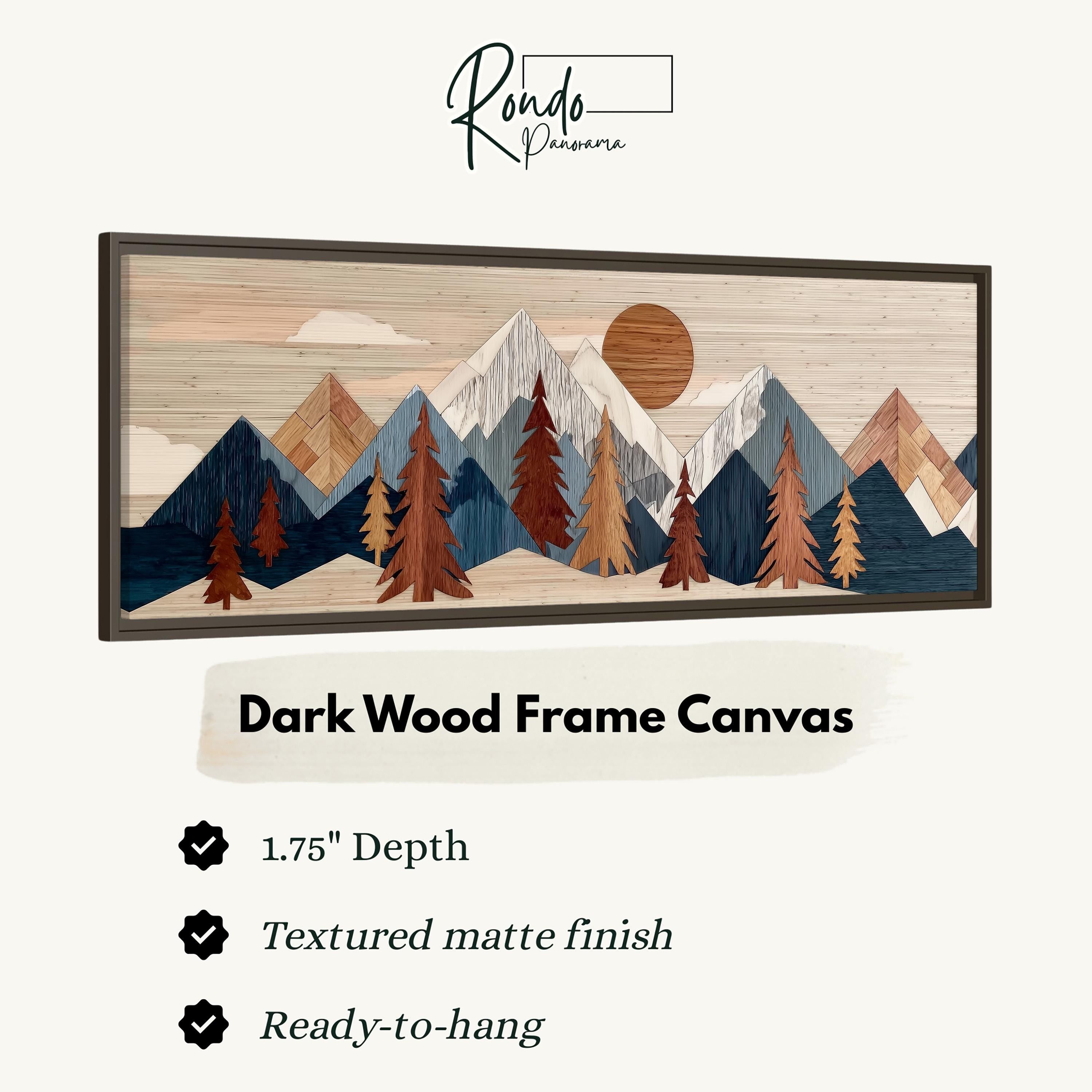 The image is a framed canvas depicting a mountain landscape with pine trees and a sun. The frame is described as a dark wood frame canvas with a 1.75" depth, a textured matte finish, and a ready-to-hang feature.