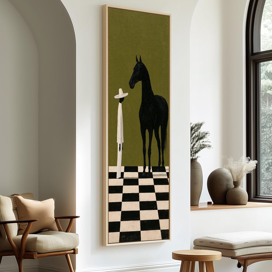 Black horse and figure on a checkerboard floor long vertical canvas print in a sunlit living space
