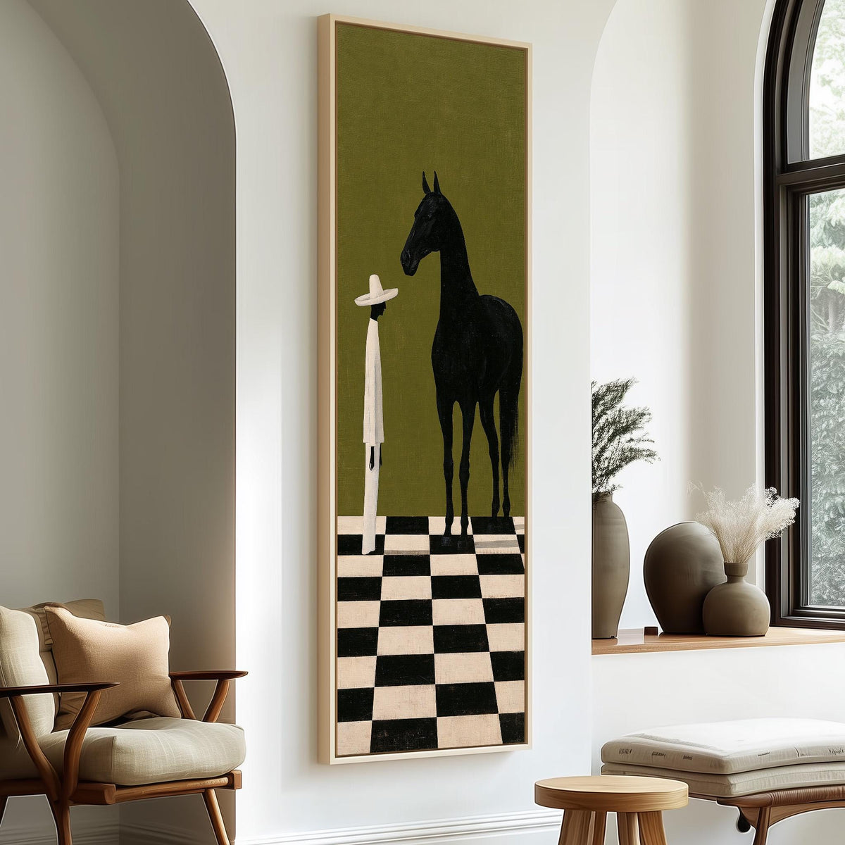 Black horse and figure on a checkerboard floor tall skinny canvas print in a sunlit living space